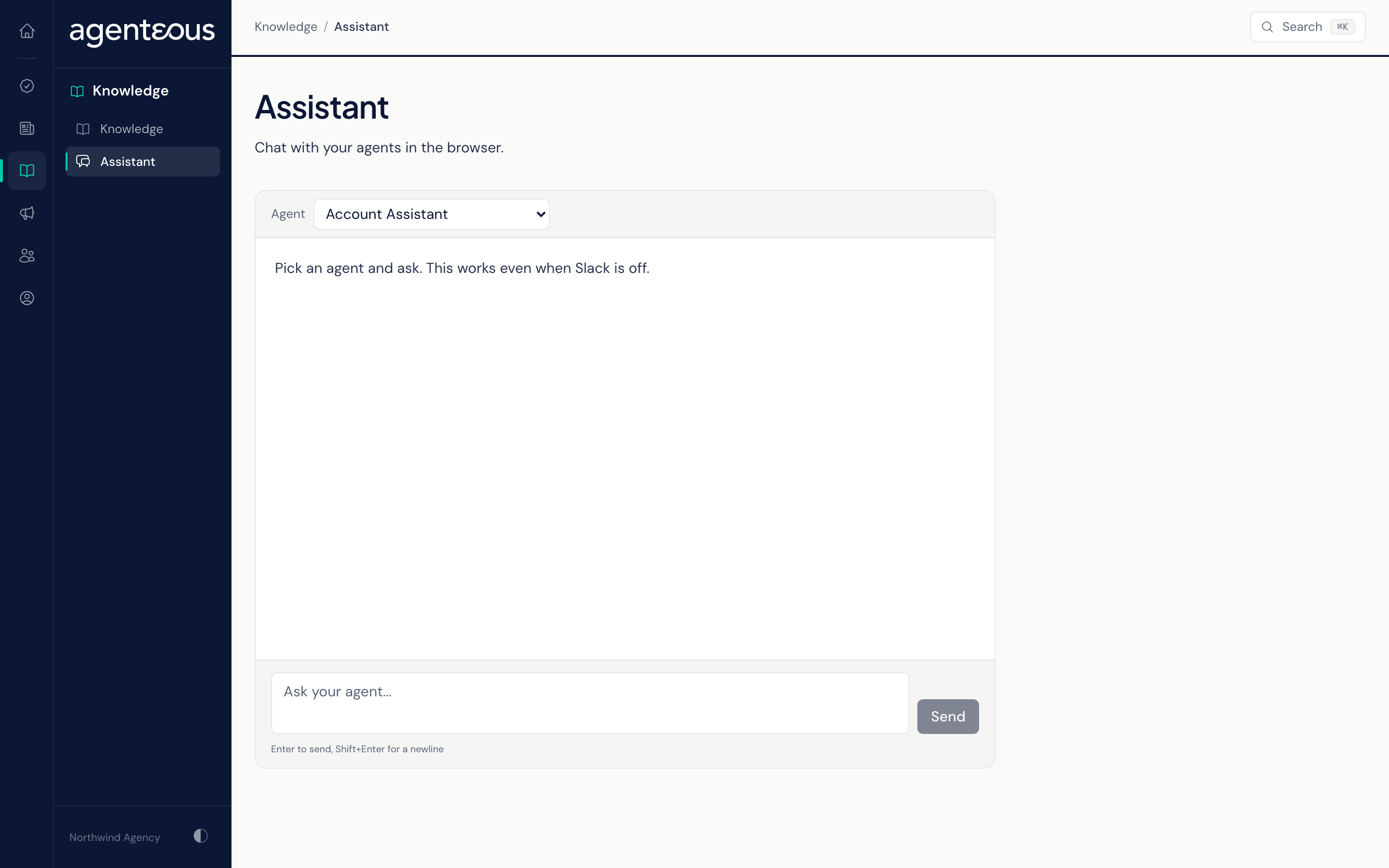 The Assistant page: an Agent picker at the top, a short exchange between the user and the chosen agent, and a message box with Send and Clear buttons.