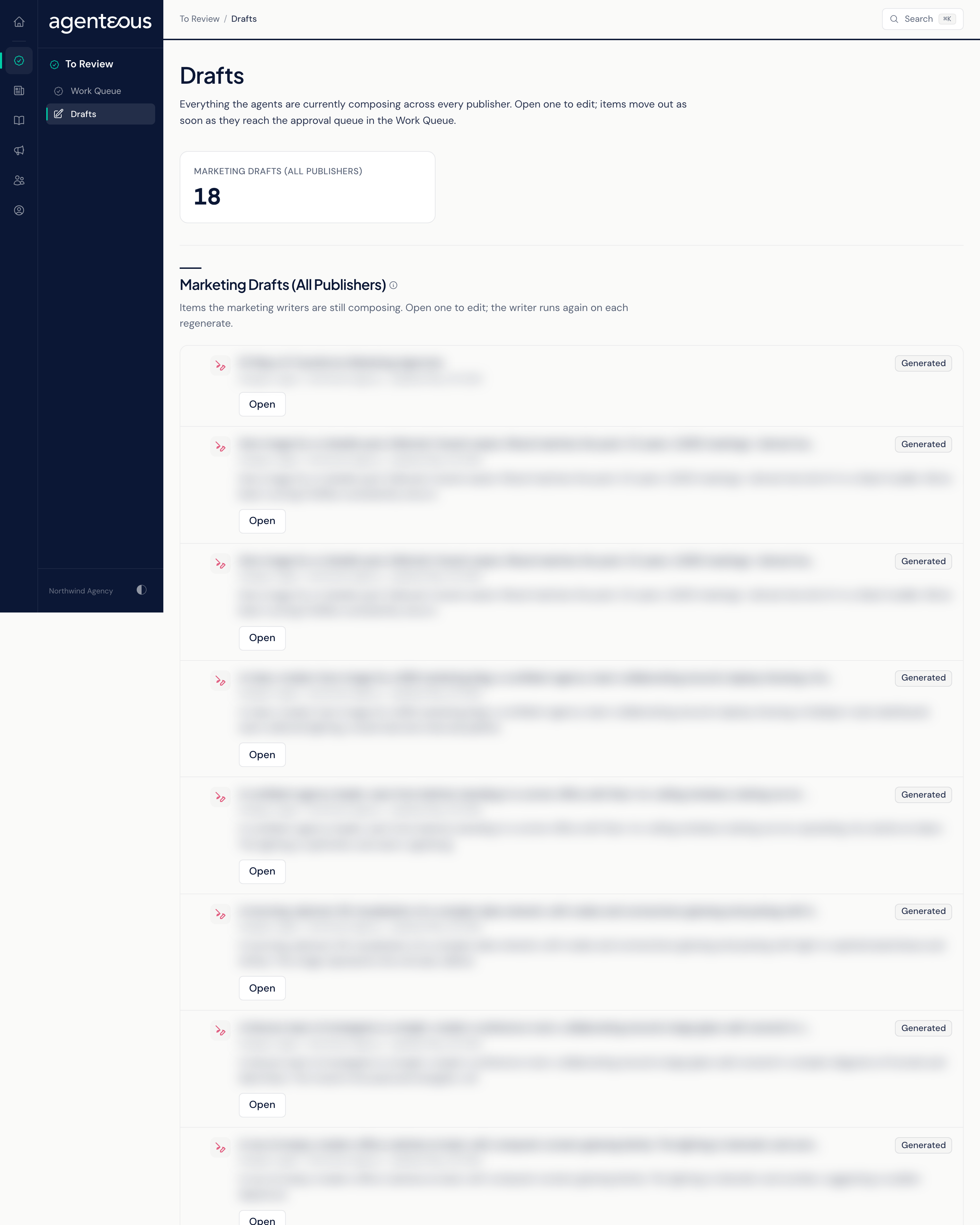 The Drafts page: a count of marketing drafts in progress and a list of rows, each with the producing agent, a short summary, the brand, when it was last updated, a status pill and an Open button.