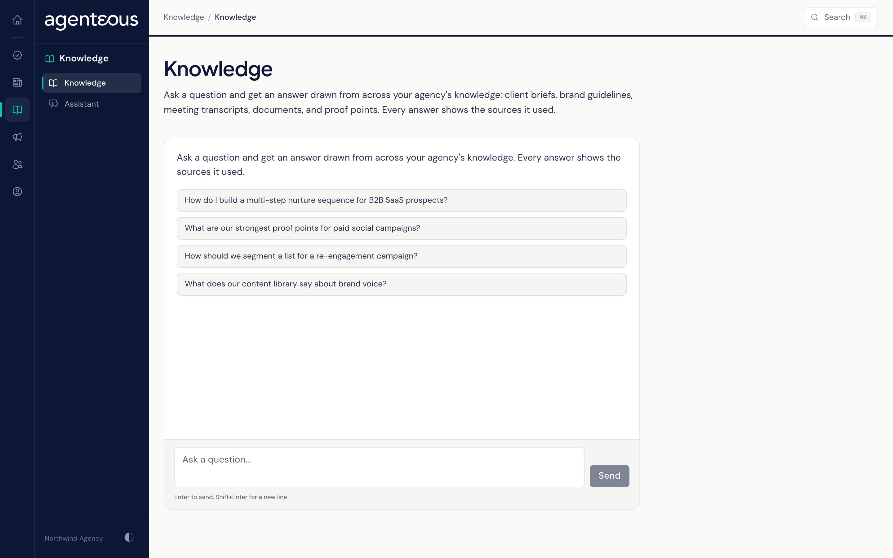The Knowledge page: a chat with a question, a written answer, and a Sources list of the documents the answer drew on, each with a collection label.