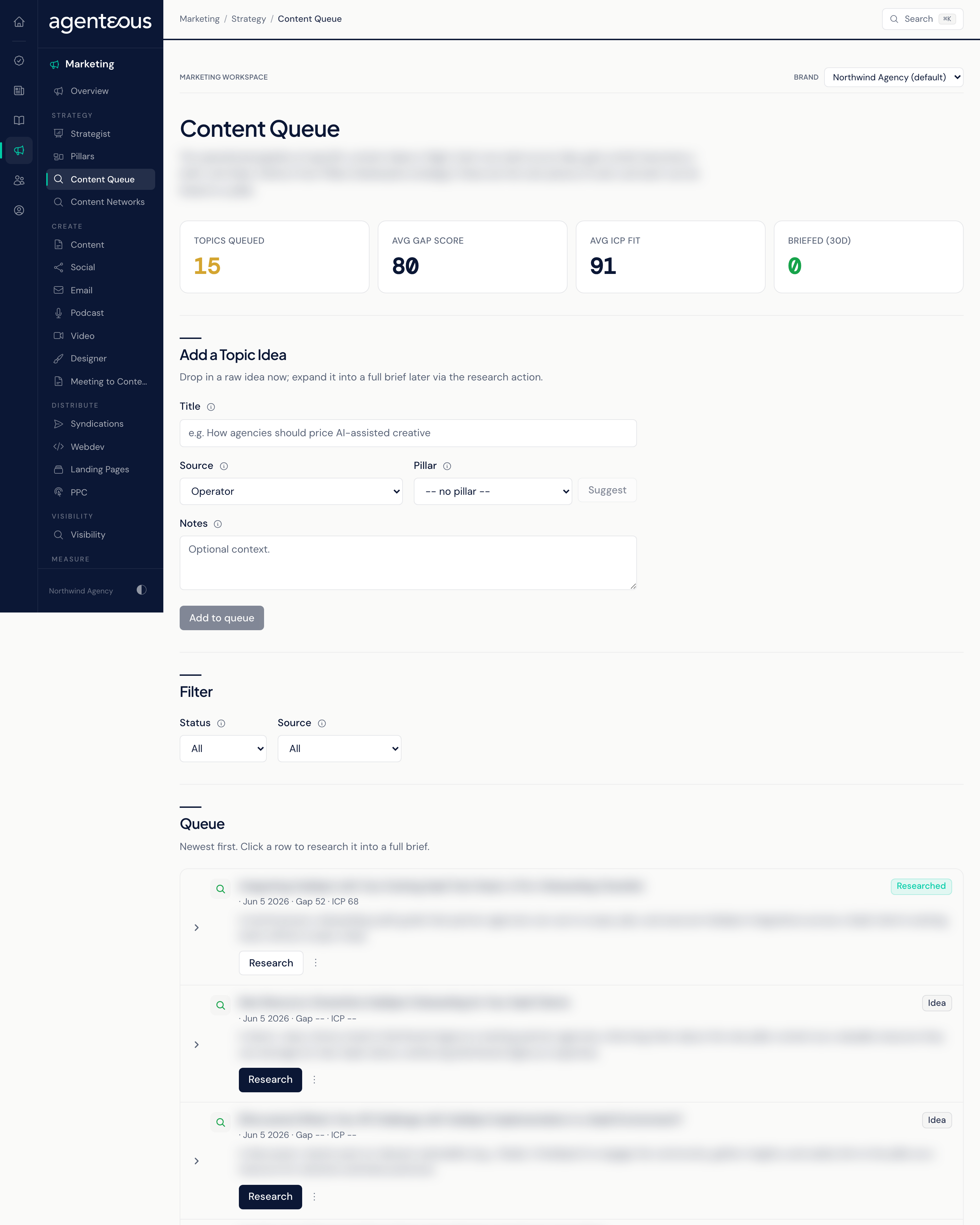 The Content Queue: a band of four counts (Topics Queued, Avg Gap Score, Avg ICP Fit, Briefed (30D)) above an Add a Topic Idea form and a list of topic rows with status, scores and a Research button.