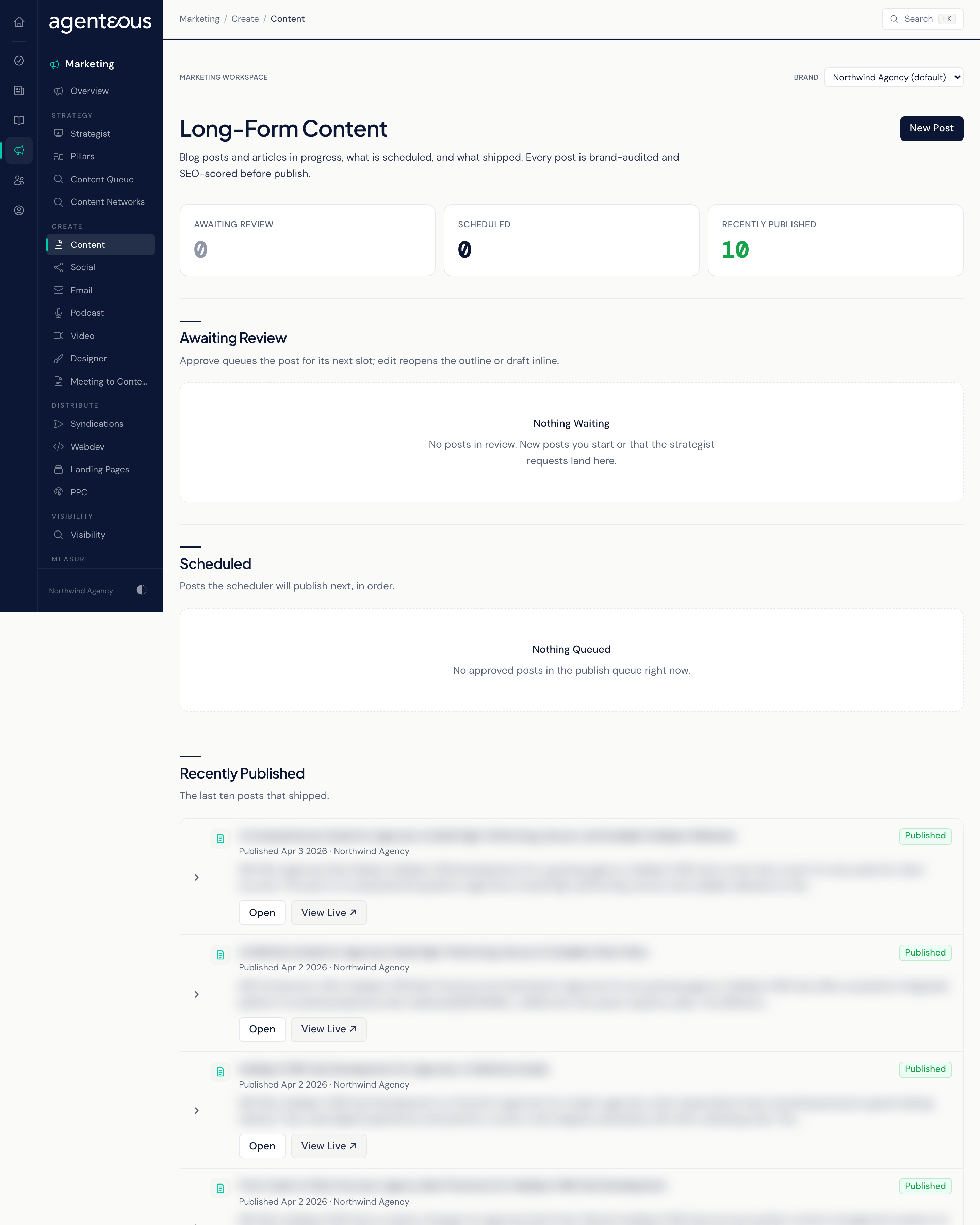 A create workspace: a band of counts above an Awaiting Review list of drafts, each row with Approve, Edit and Reject buttons, and a New button in the header.