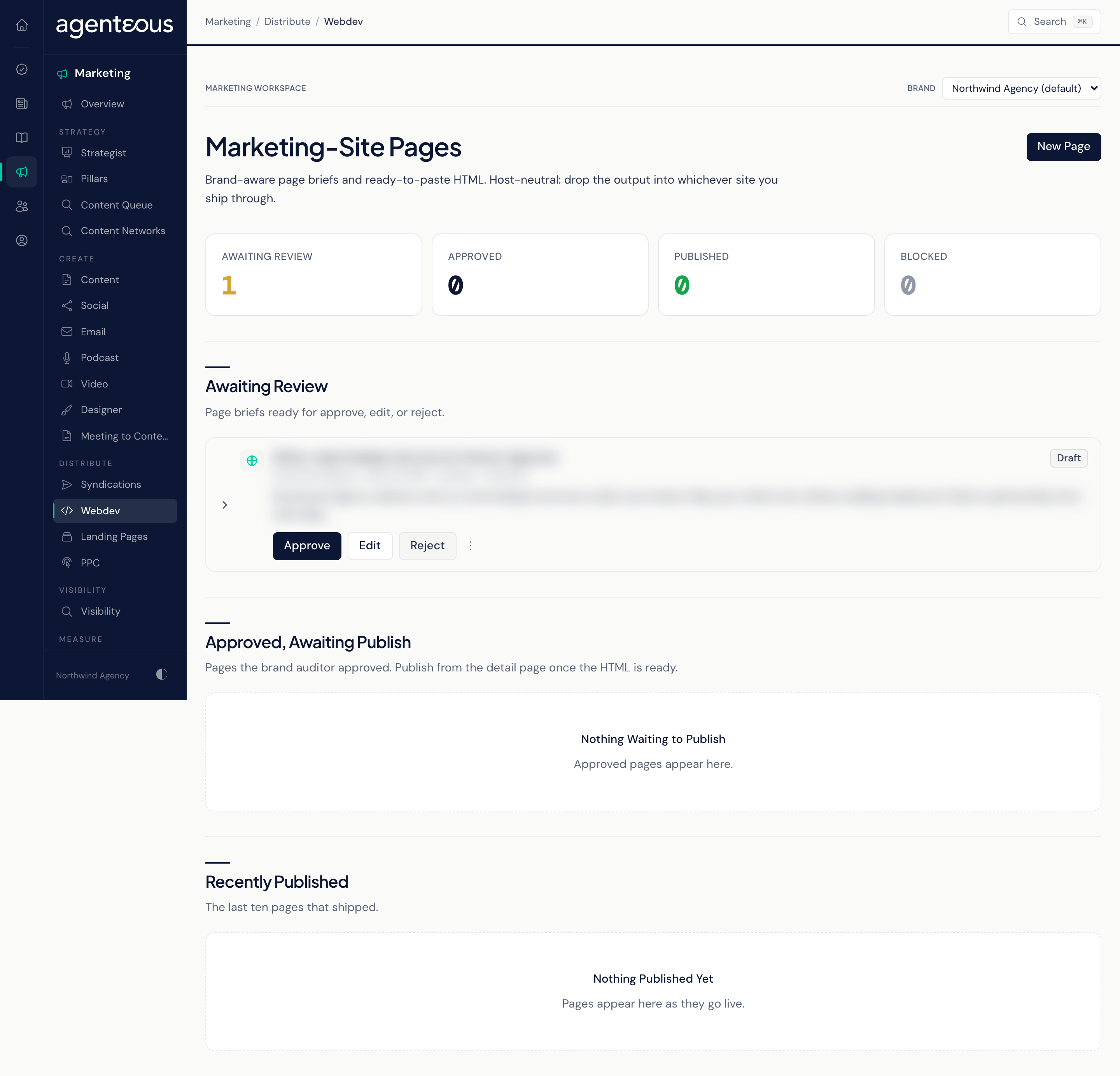 A Distribute workspace: a row of counts above review, approved, and published lists, each item with its own actions.
