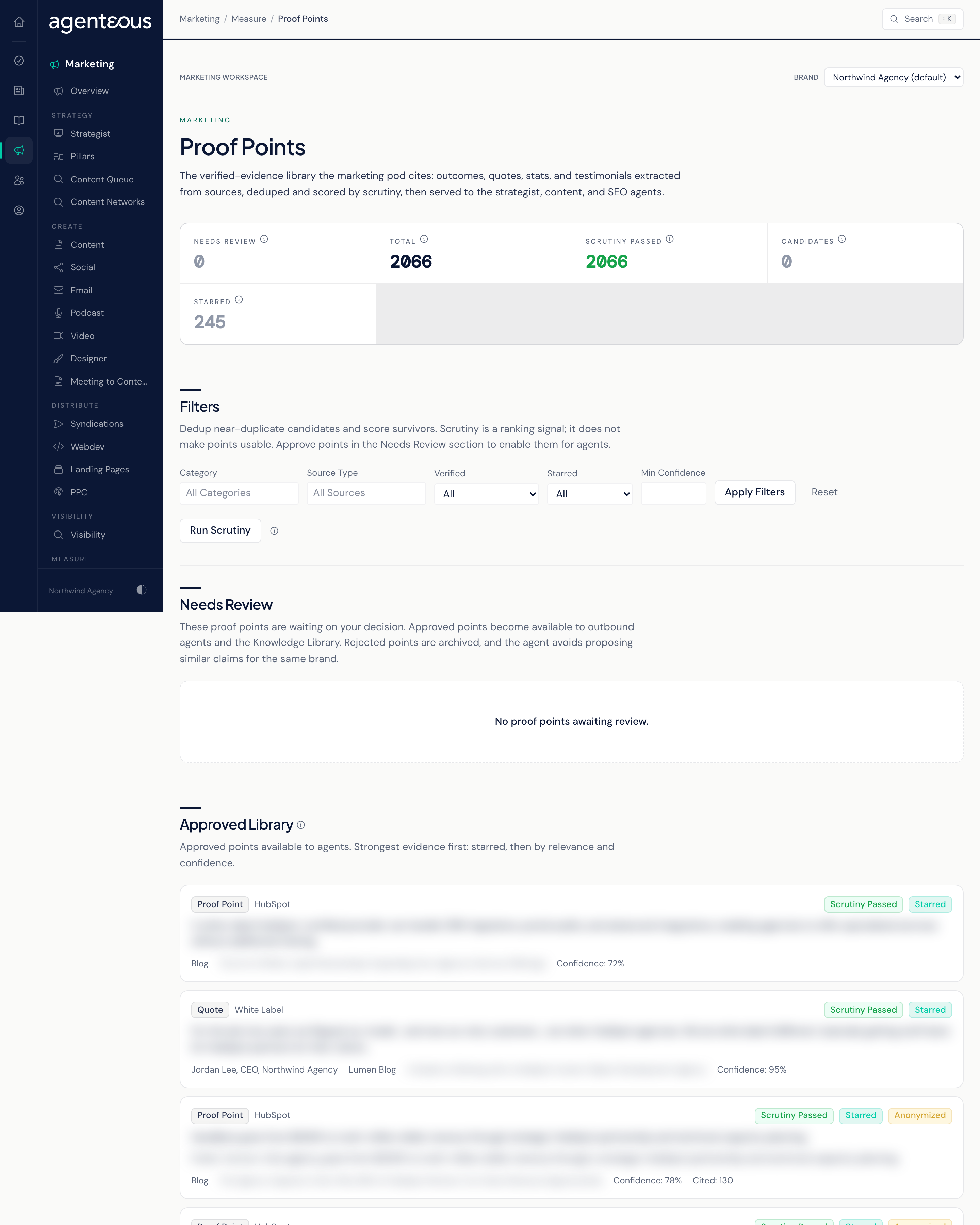 The Proof Points page: a row of counts, a Run Scrutiny button, a Needs Review list with Approve and Reject on each point, and filters above the Approved Library.