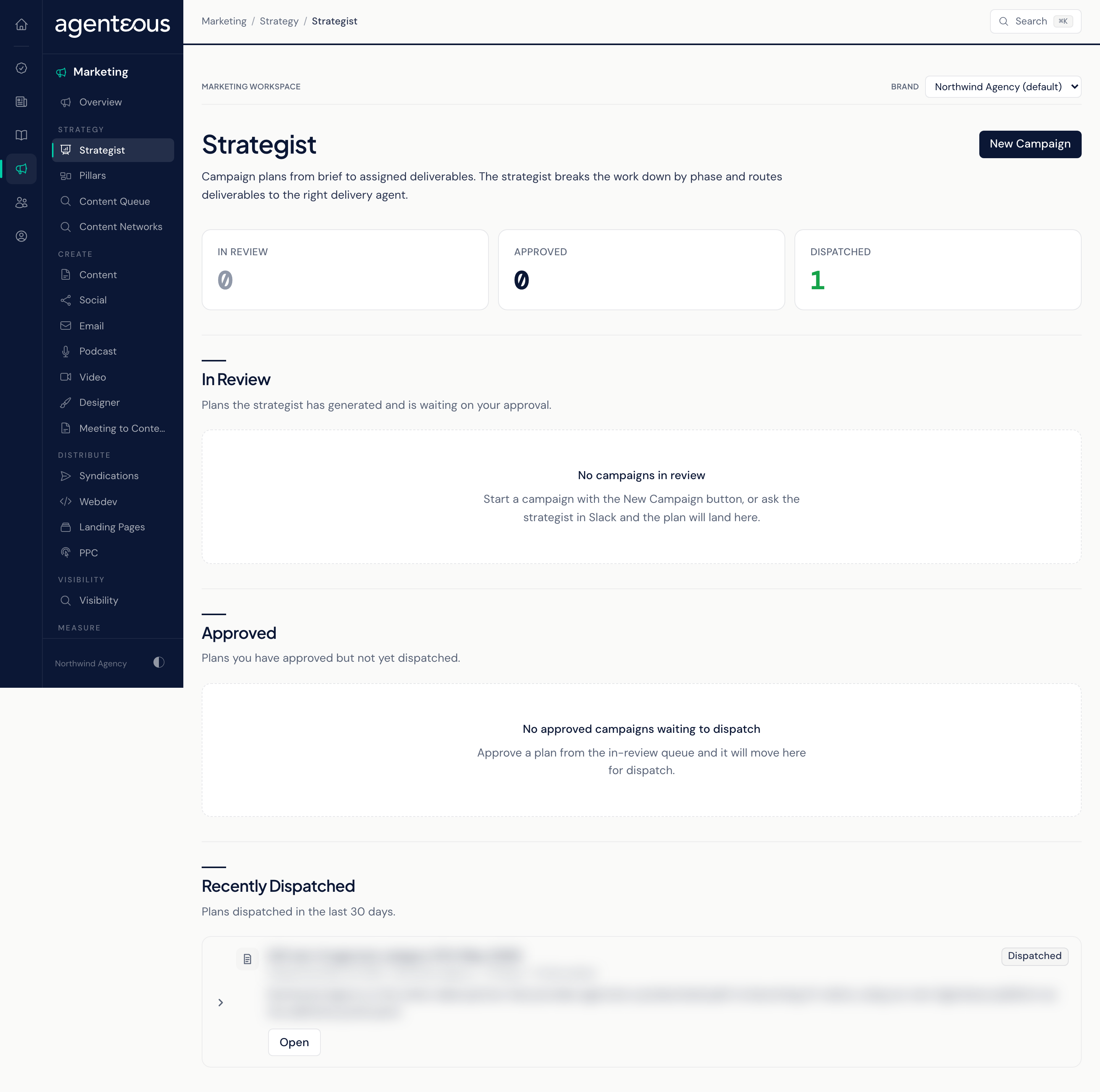 The Strategist screen: a band of three counts (In Review, Approved, Dispatched) above a list of campaign plans awaiting review, each with Approve, Review and Reject buttons.