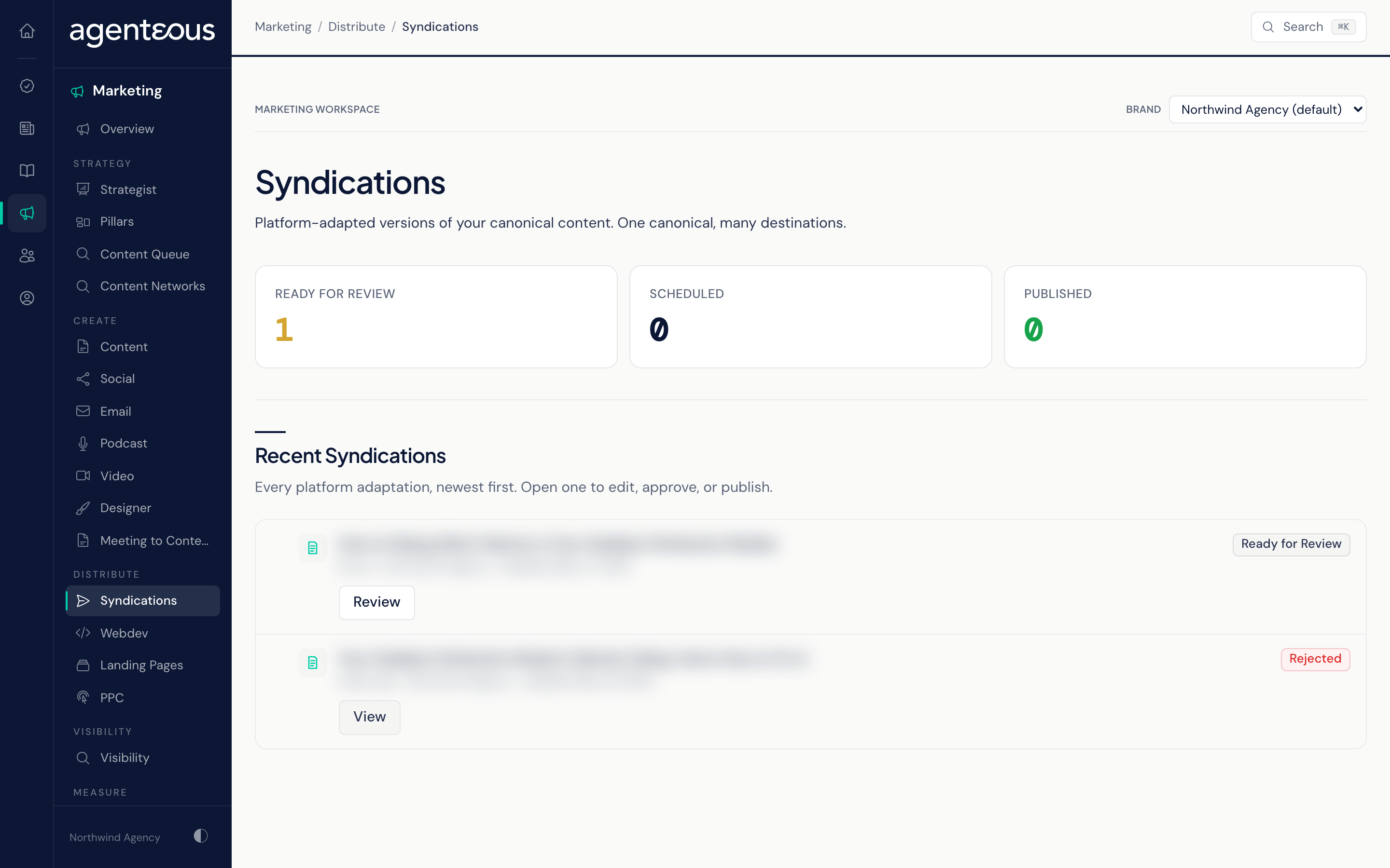The Syndications page: three counts for adaptations ready for review, scheduled, and published, above a feed of platform versions, each with its platform, brand, timing, and status.