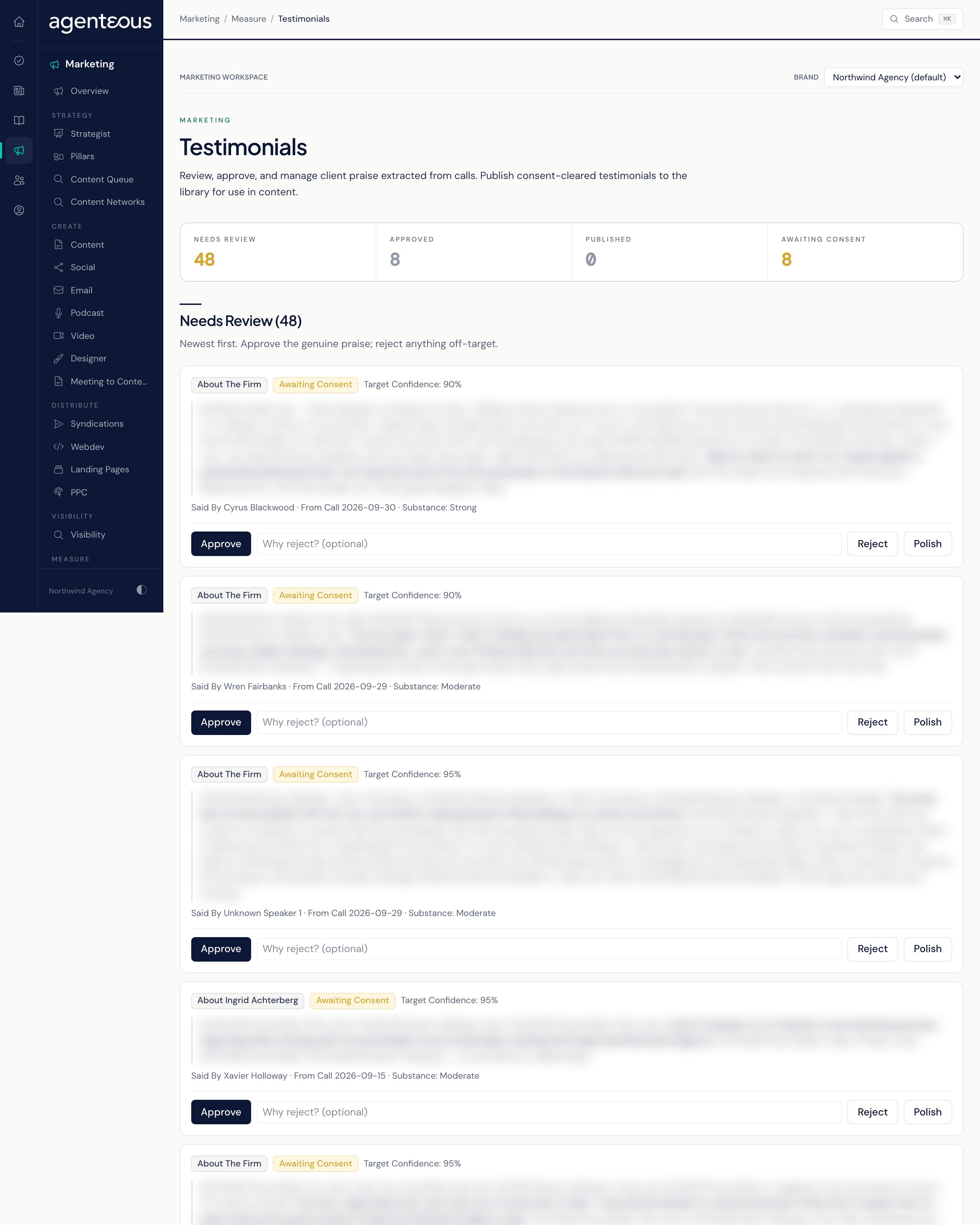 The Testimonials page: four counts across the top, a Needs Review queue of candidate quotes with Approve, Reject, and Polish, a Library of approved quotes with consent status, and a Published list.