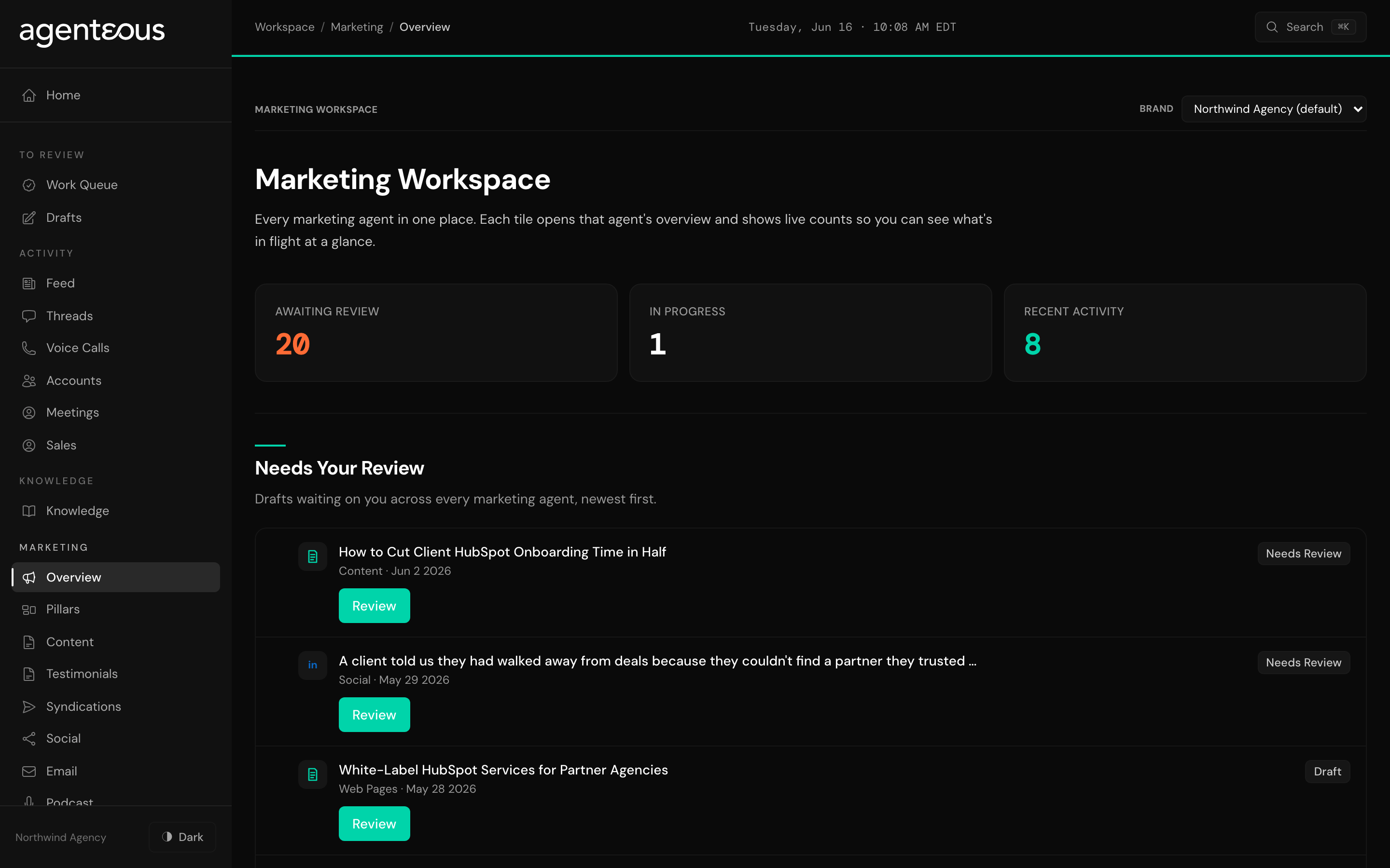The Marketing Workspace front door: a glance band counting work awaiting review, in progress, and recent activity, above a Needs Your Review list that gathers drafts from every marketing specialist into one place.
