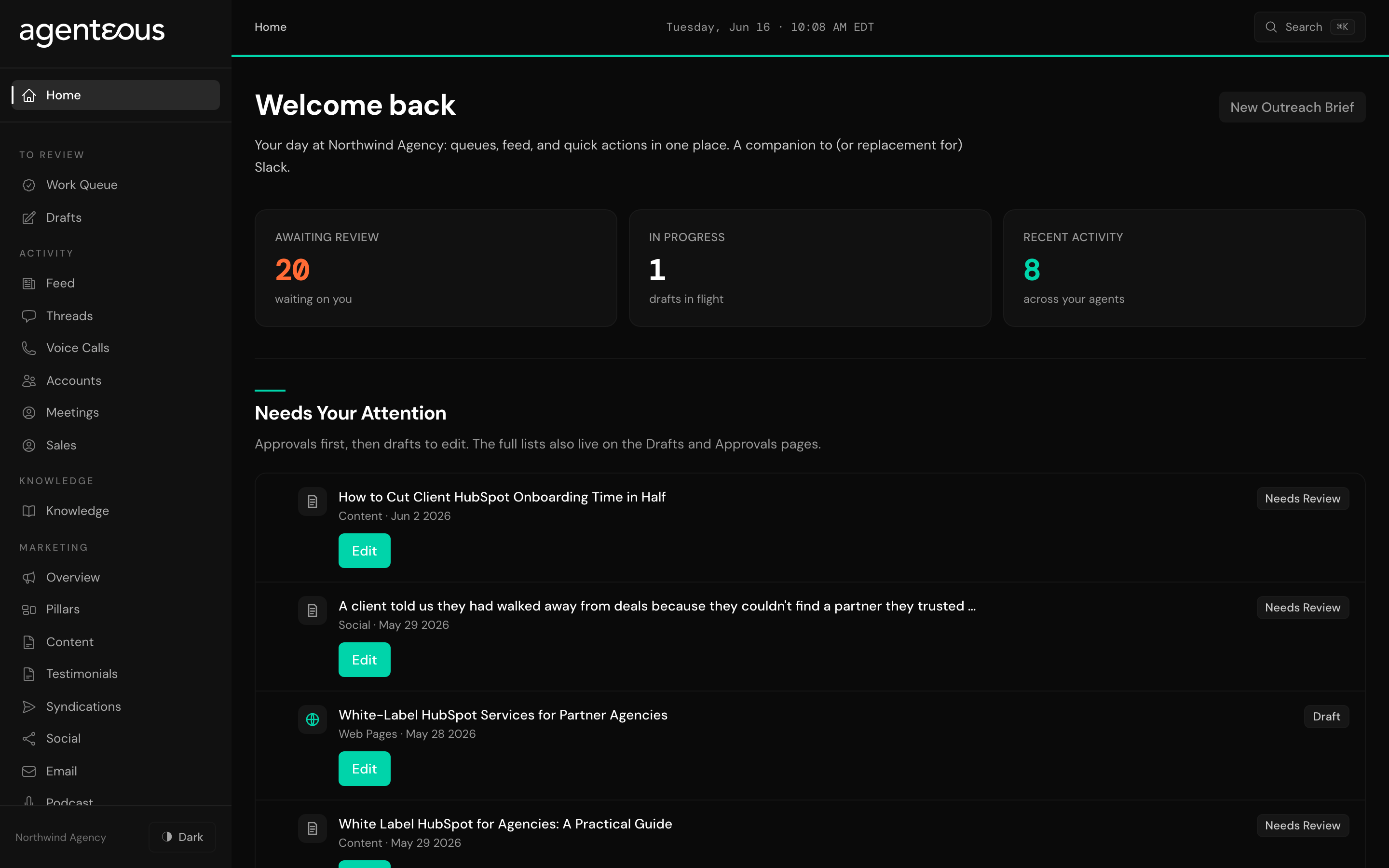 The app home screen: a welcome header, three glance tiles counting work awaiting review, in progress, and recent activity, and a Needs Your Attention shortlist of items to act on.