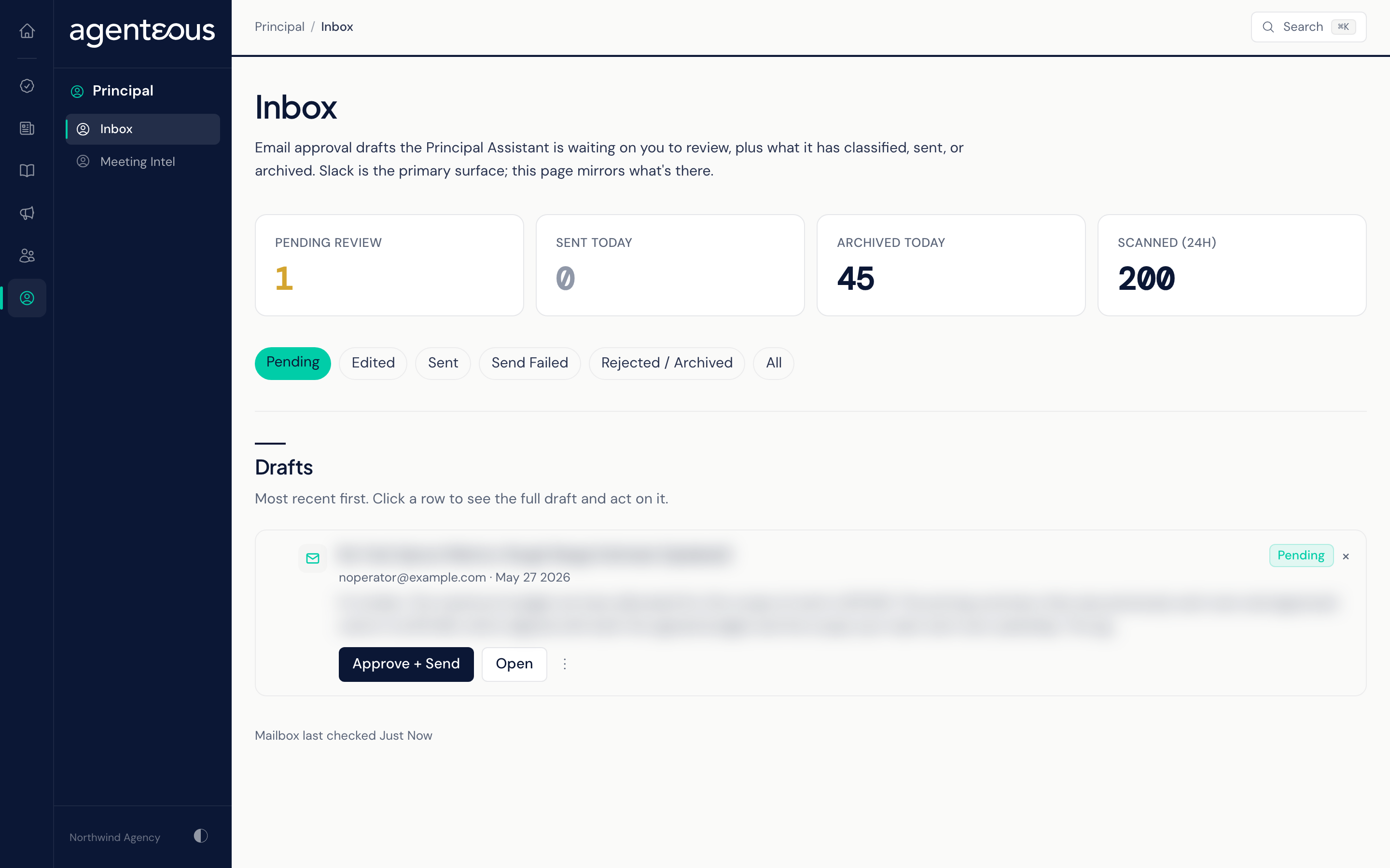 The principal Inbox page: four counts, status filter pills, and a list of email reply drafts each showing a subject, sender, time, original snippet, status pill, and Approve + Send and Open buttons.