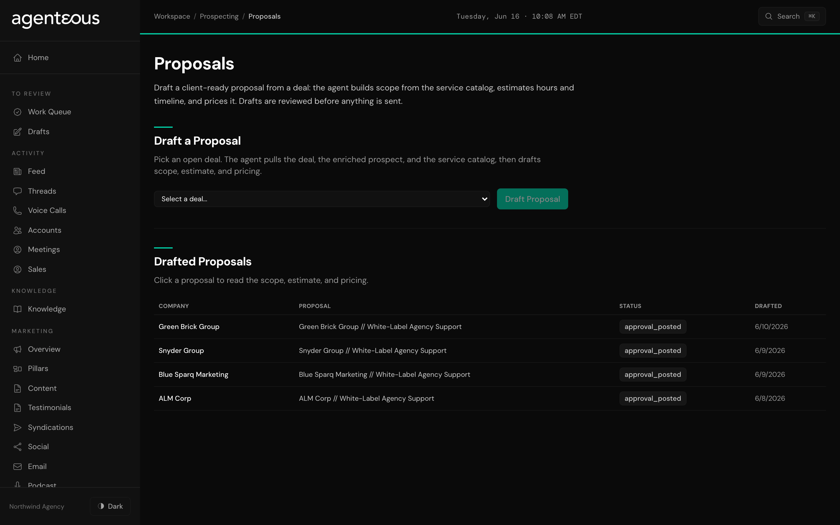 The Drafting Proposals page: a Draft a Proposal panel with a deal picker, above a Drafted Proposals table listing the company, the proposal title, its status, and the date each was drafted.
