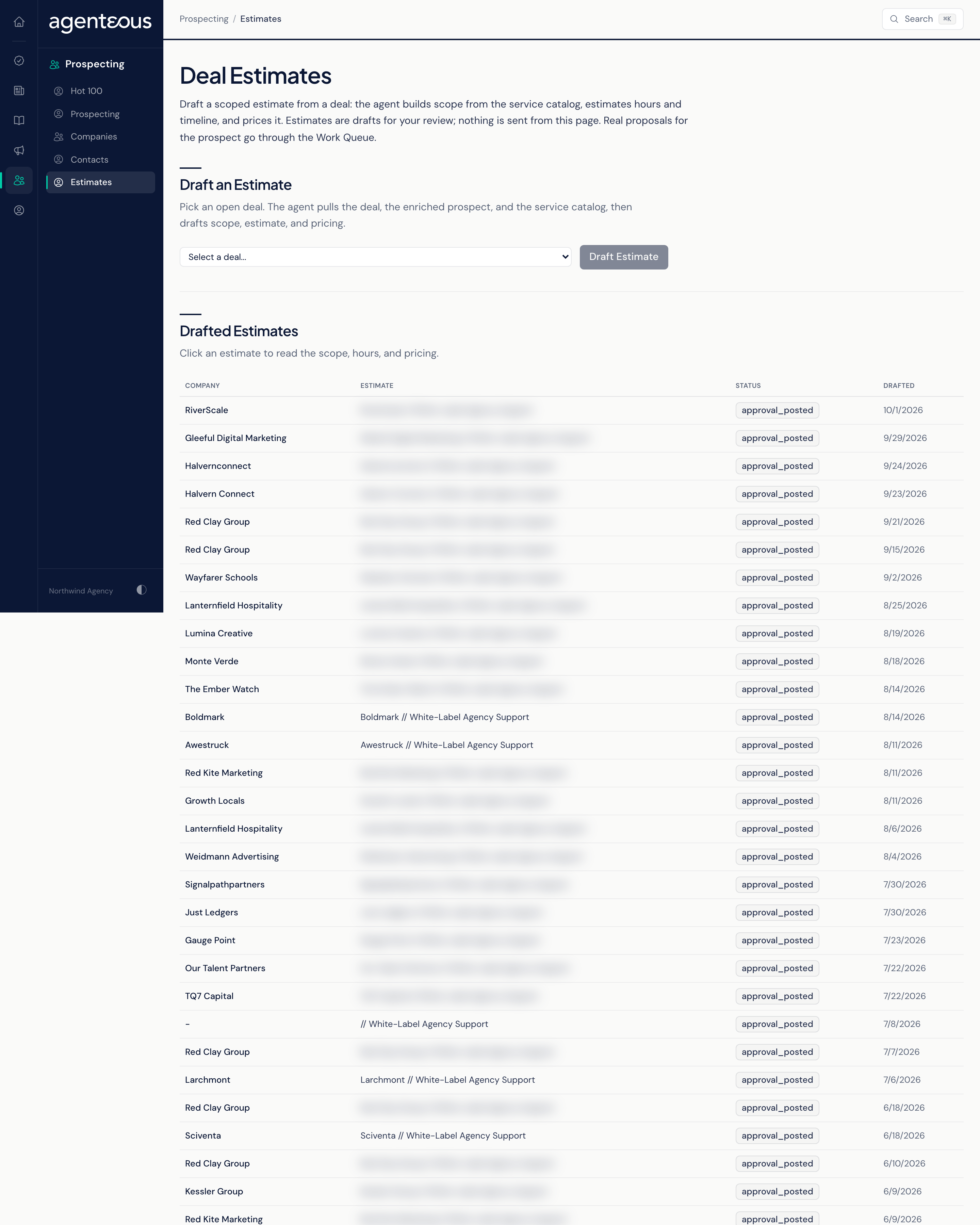 The Deal Estimates page: a Draft an Estimate panel with a deal picker and a Draft Estimate button, and a Drafted Estimates table with one estimate expanded to show its summary, estimate, timeline and scope.