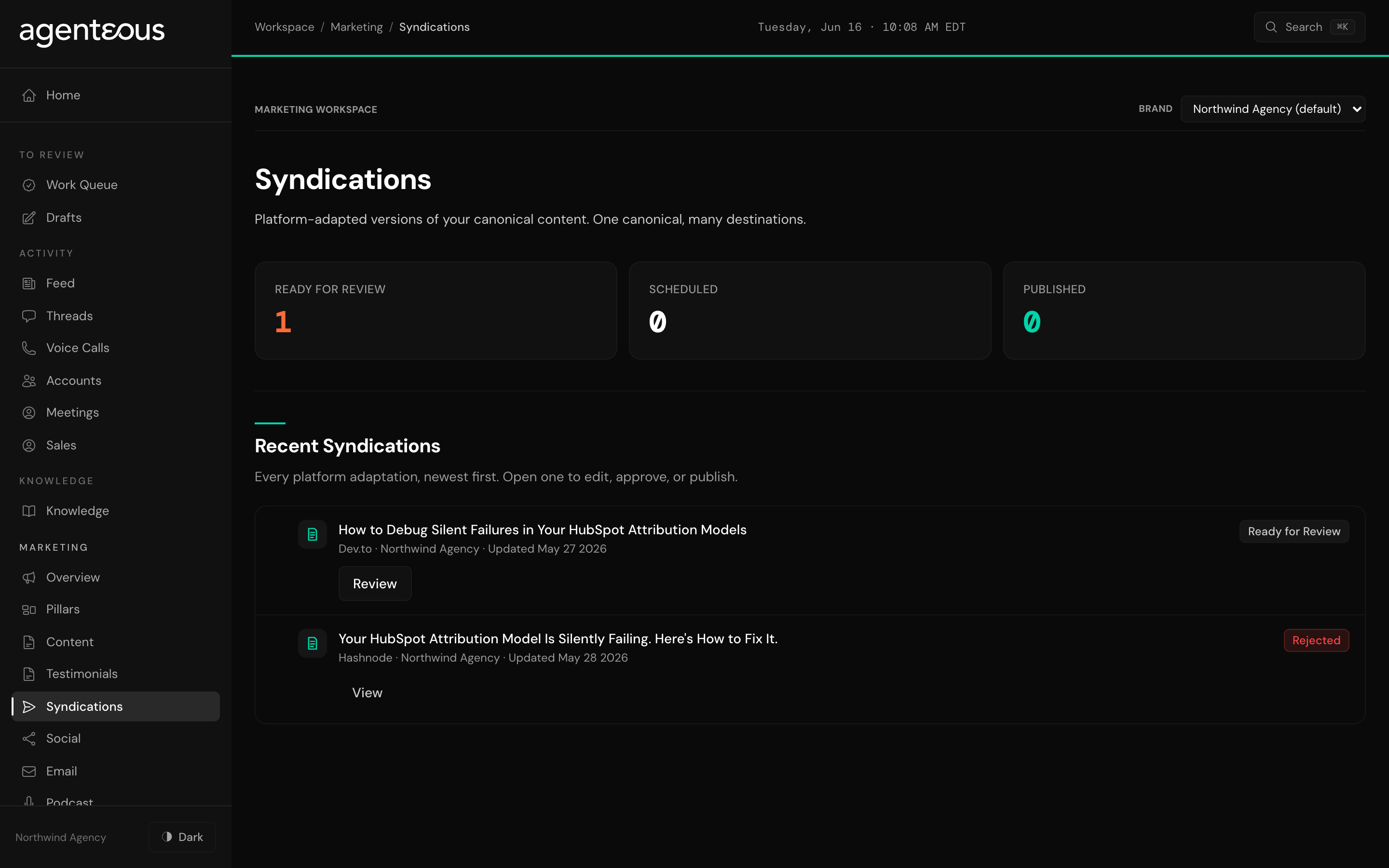 The Syndications page: three counts for adaptations ready for review, scheduled, and published, above a feed of platform-adapted versions, each showing the platform, the brand, when it updated, and a status pill.