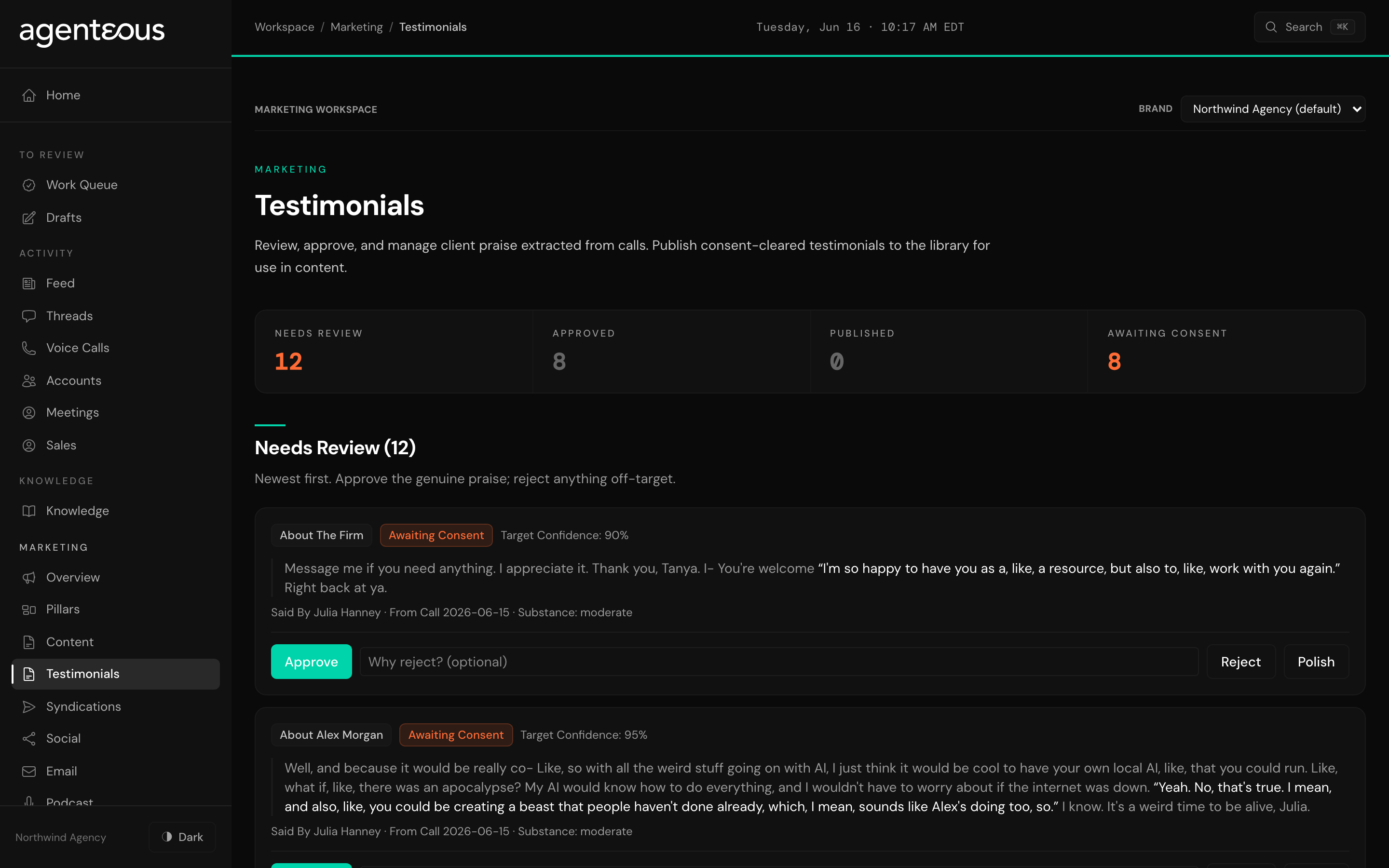The Testimonials page: four counts across the top for needs review, approved, published, and awaiting consent, above a Needs Review queue of candidate praise quotes, each showing the quote, who said it, the call date, and Approve, Reject, and Polish actions.