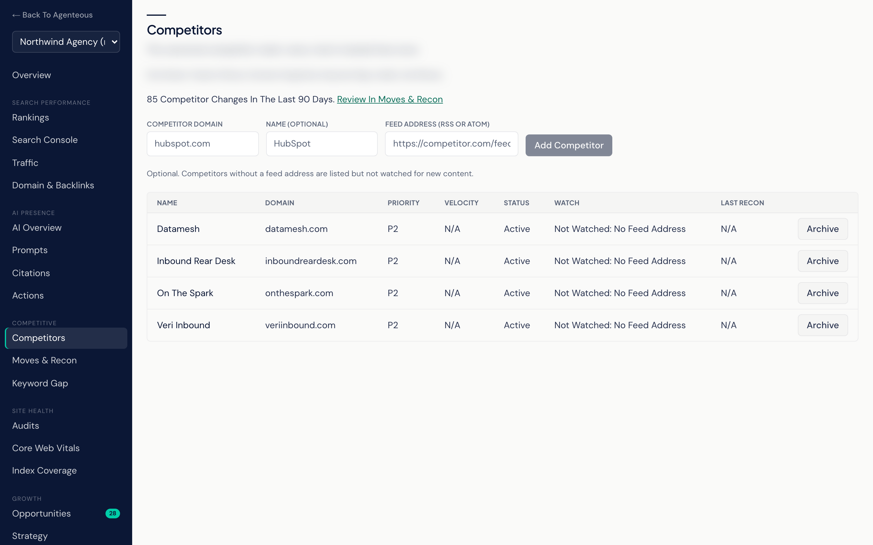 The Competitors view in the Visibility workspace: an add-competitor form with domain, name and feed address fields above a roster table showing each competitor's name, domain, priority, velocity, status, watch state and last recon.