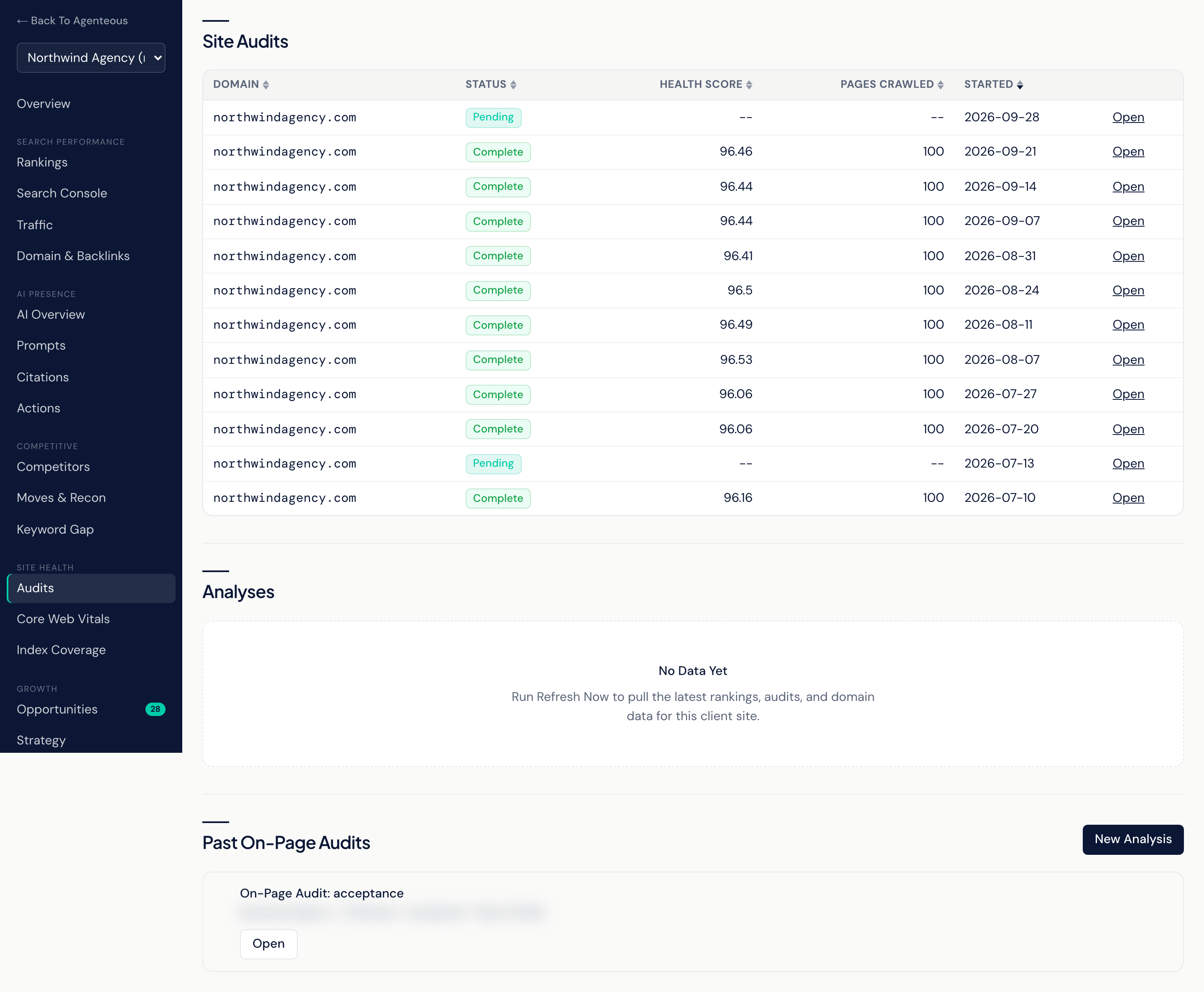 The Audits view in the Visibility workspace: a Site Audits table with domain, status, health score and pages crawled, an Analyses table below it, and a Past On-Page Audits list with a New Analysis button.