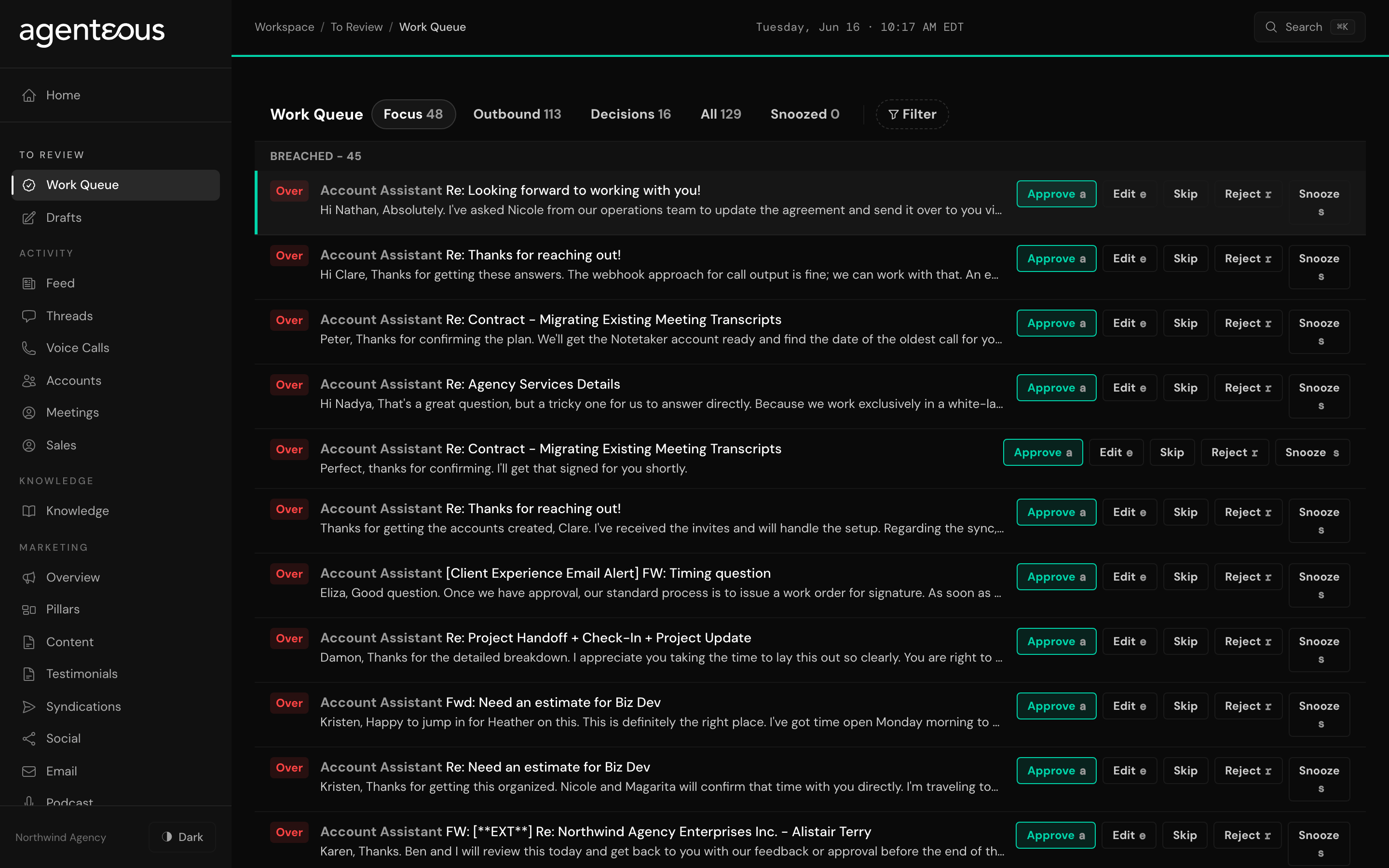 The Work Queue with view tabs across the top (Focus, Outbound, Decisions, All, Snoozed), each with a live count, and items grouped by priority. Each row shows a status chip, the agent that produced it, a title and one-line preview, and Approve, Edit, Skip, Reject, and Snooze buttons.