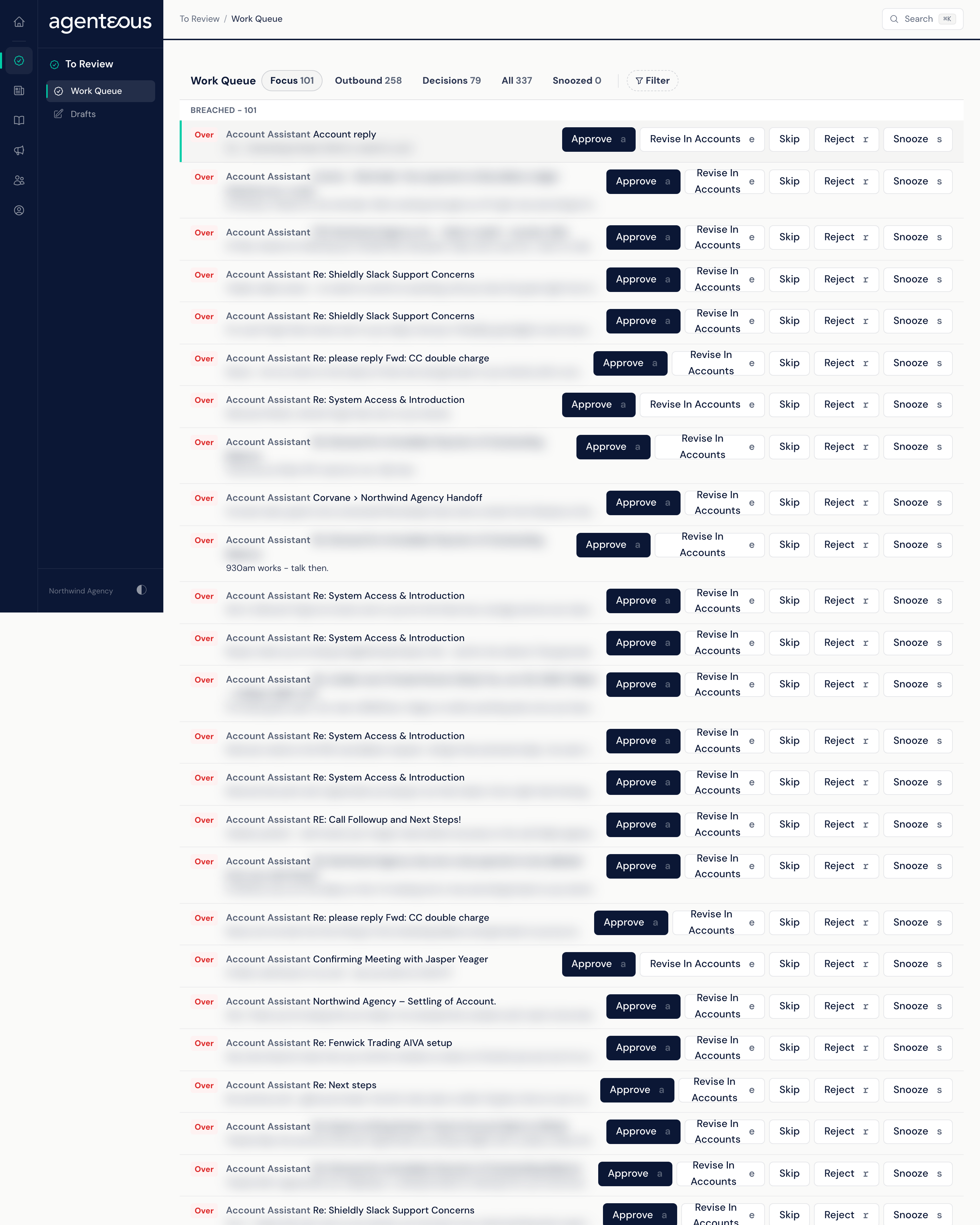 The Work Queue with view tabs and counts across the top, a Filter control, and items grouped under deadline headings, each row showing a status chip, the source agent, a title, a preview and its action buttons.