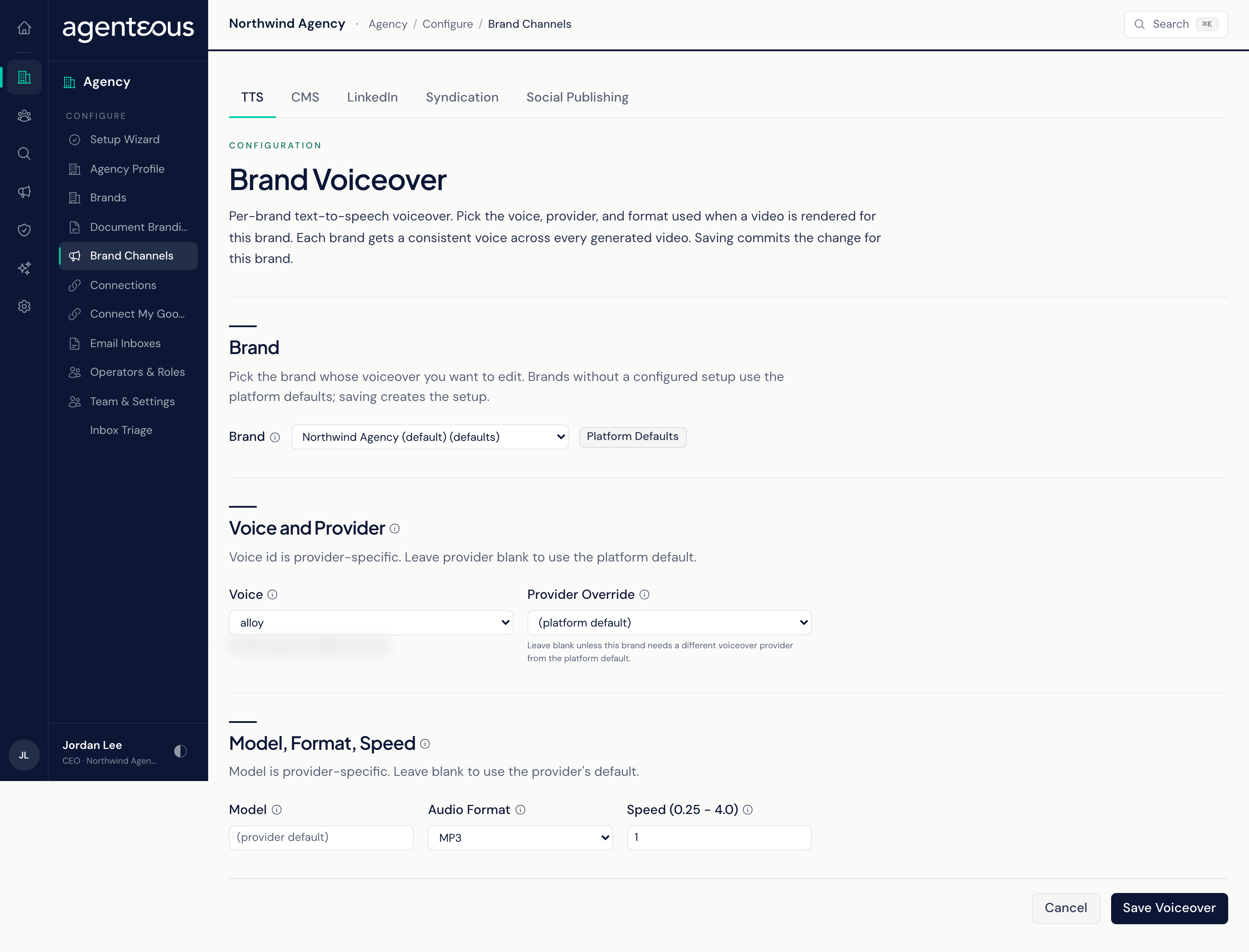 The Brand Channels page with its five tabs, showing a brand picker and the voiceover settings for the selected brand.
