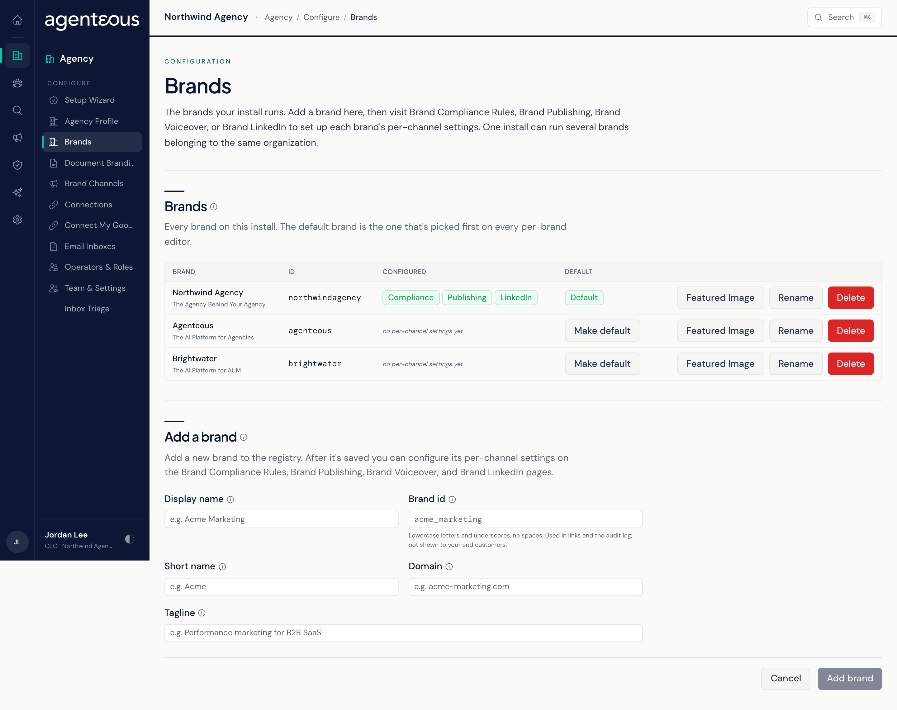 The Brands page: a table of brands with their id, which per-channel settings each has, and which one is the default, followed by a form to add a brand.