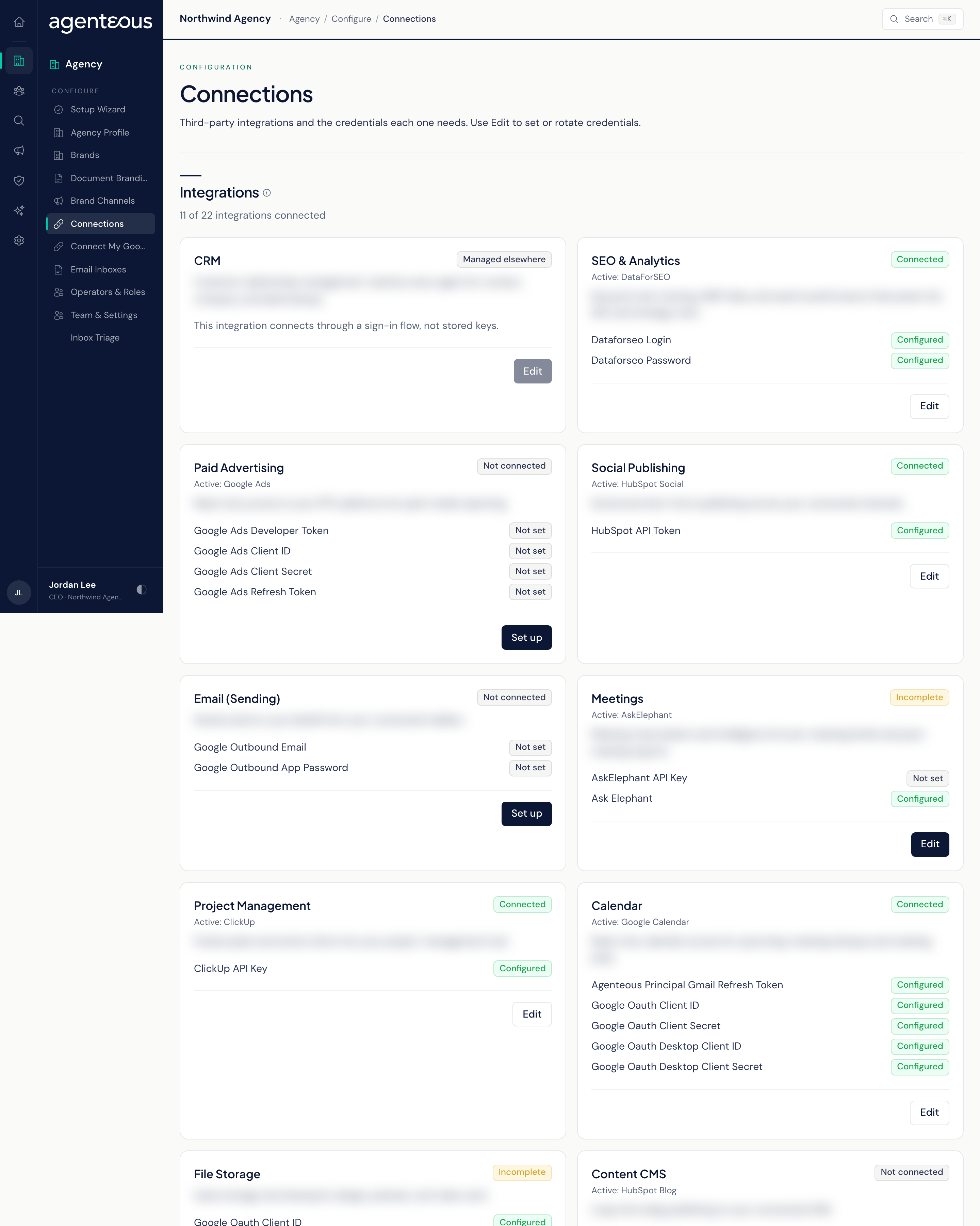 The Connections screen: a count of connected integrations, one card per integration with its status and an Edit or Set up button, and a Google Connections section below.