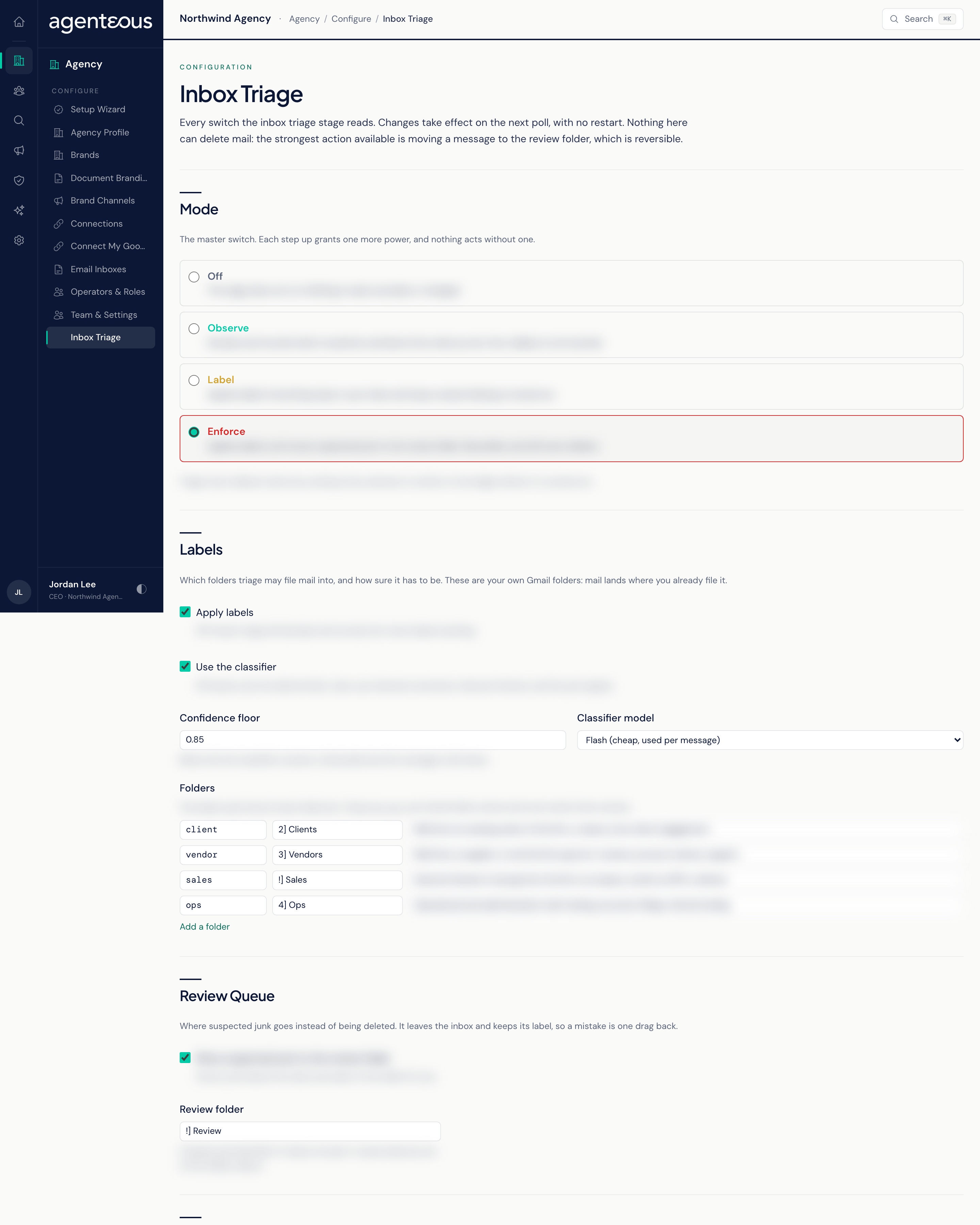 The Inbox Triage screen: a Mode selector with four steps, followed by sections for Labels, Review Queue, Learning, Never Filed Away, Junk Signals and Daily Report.