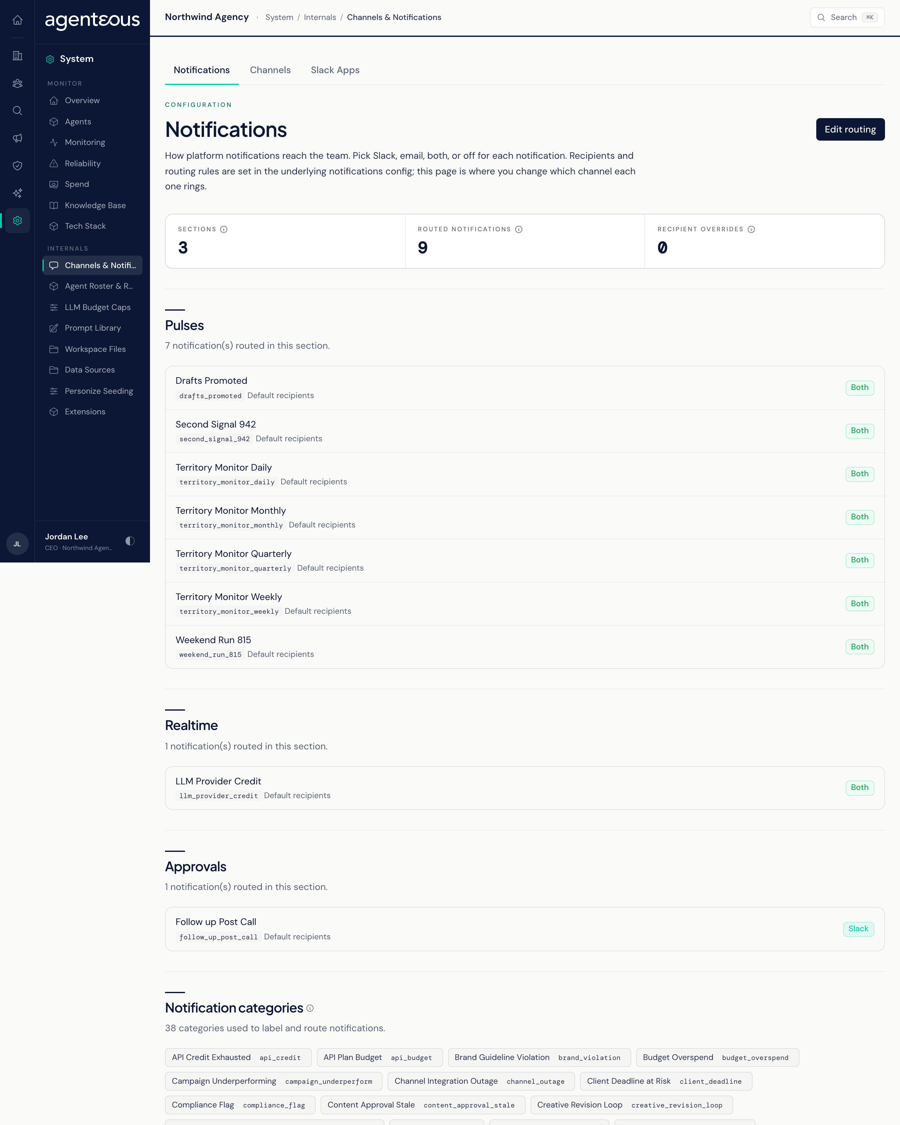 The Notifications tab: three summary counts, then one card per notification section with a delivery selector beside each notification.