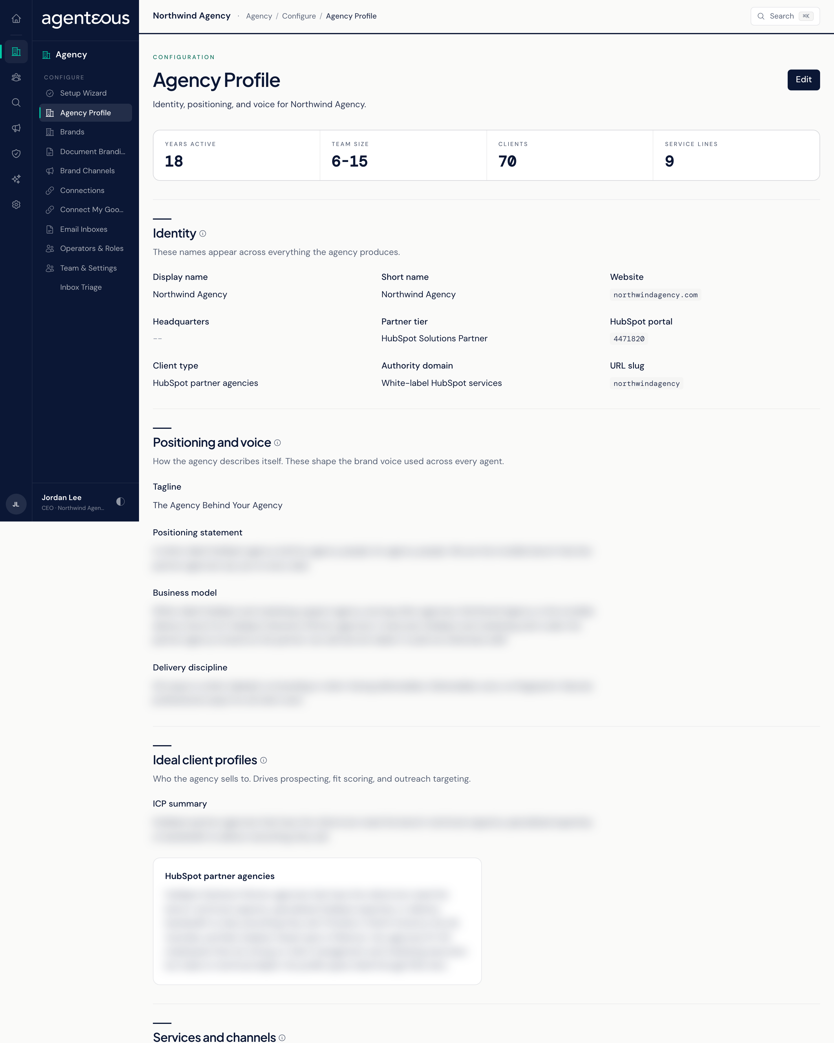The Agency Profile page in view mode: headline figures across the top, then sections for identity, positioning and voice, ideal client profiles, services and channels, compliance, and primary contact.