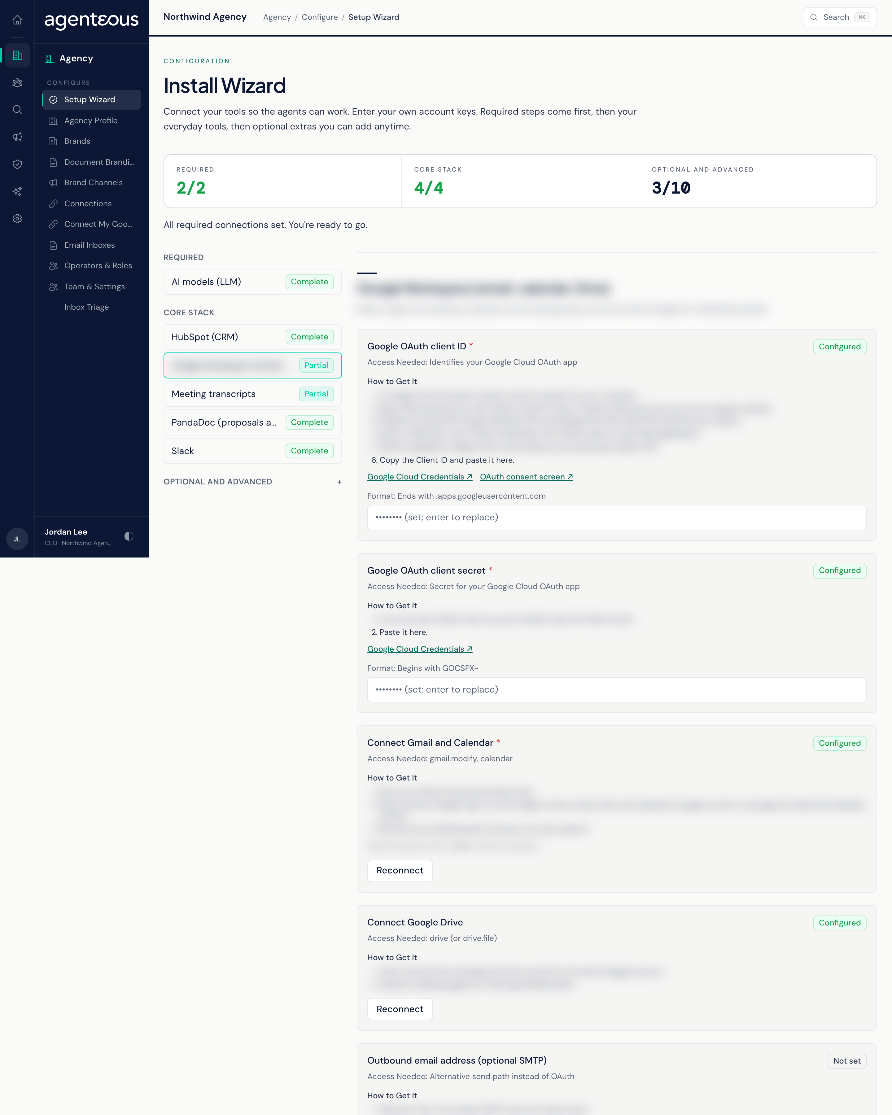 The Install Wizard: a progress line for required connections, a list of setup steps grouped by priority with a status badge on each, and the selected step's instructions and key fields.