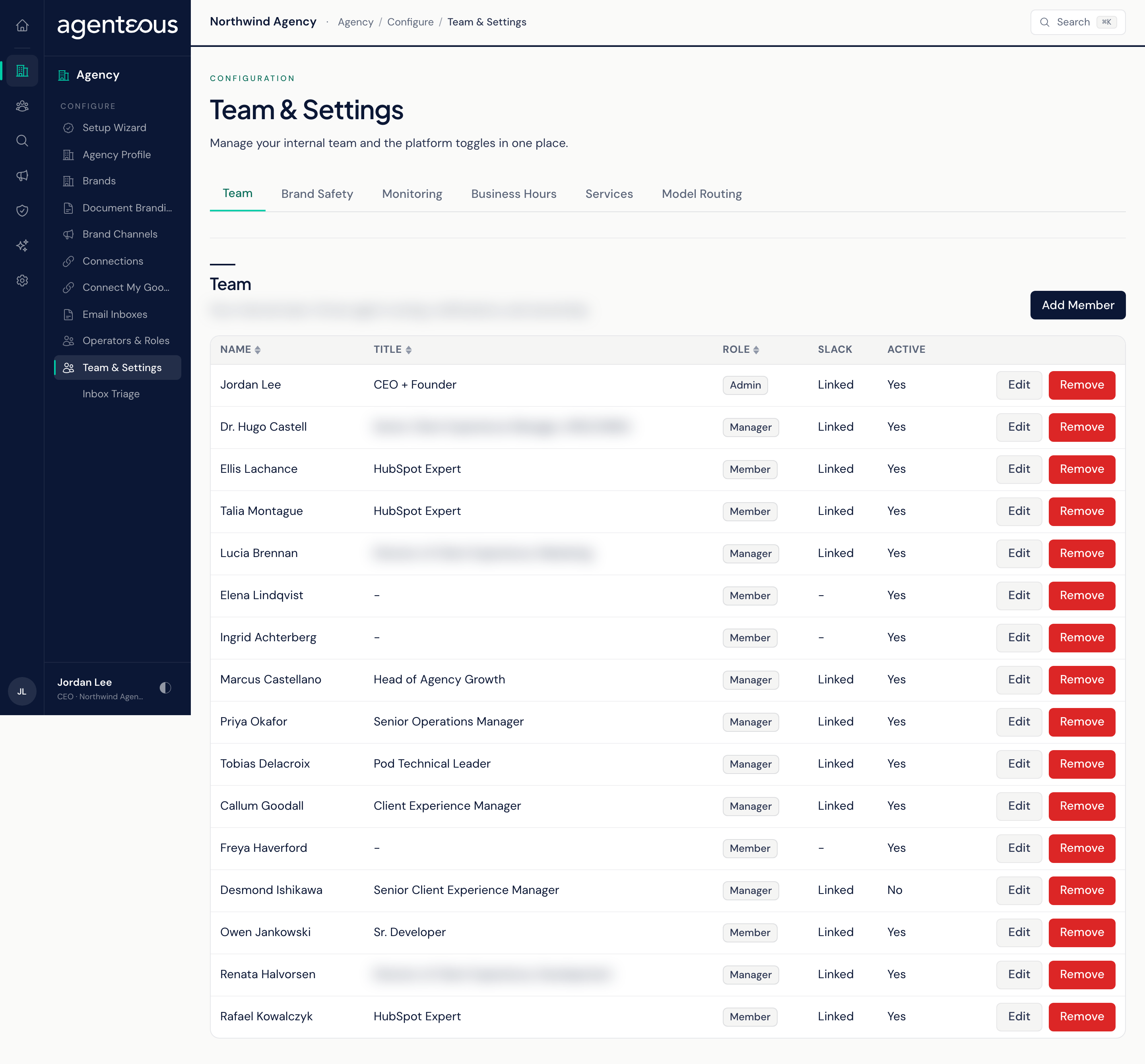 The Team and Settings screen: a row of tabs with the Team tab open, showing a roster table of team members and an Add Member button.