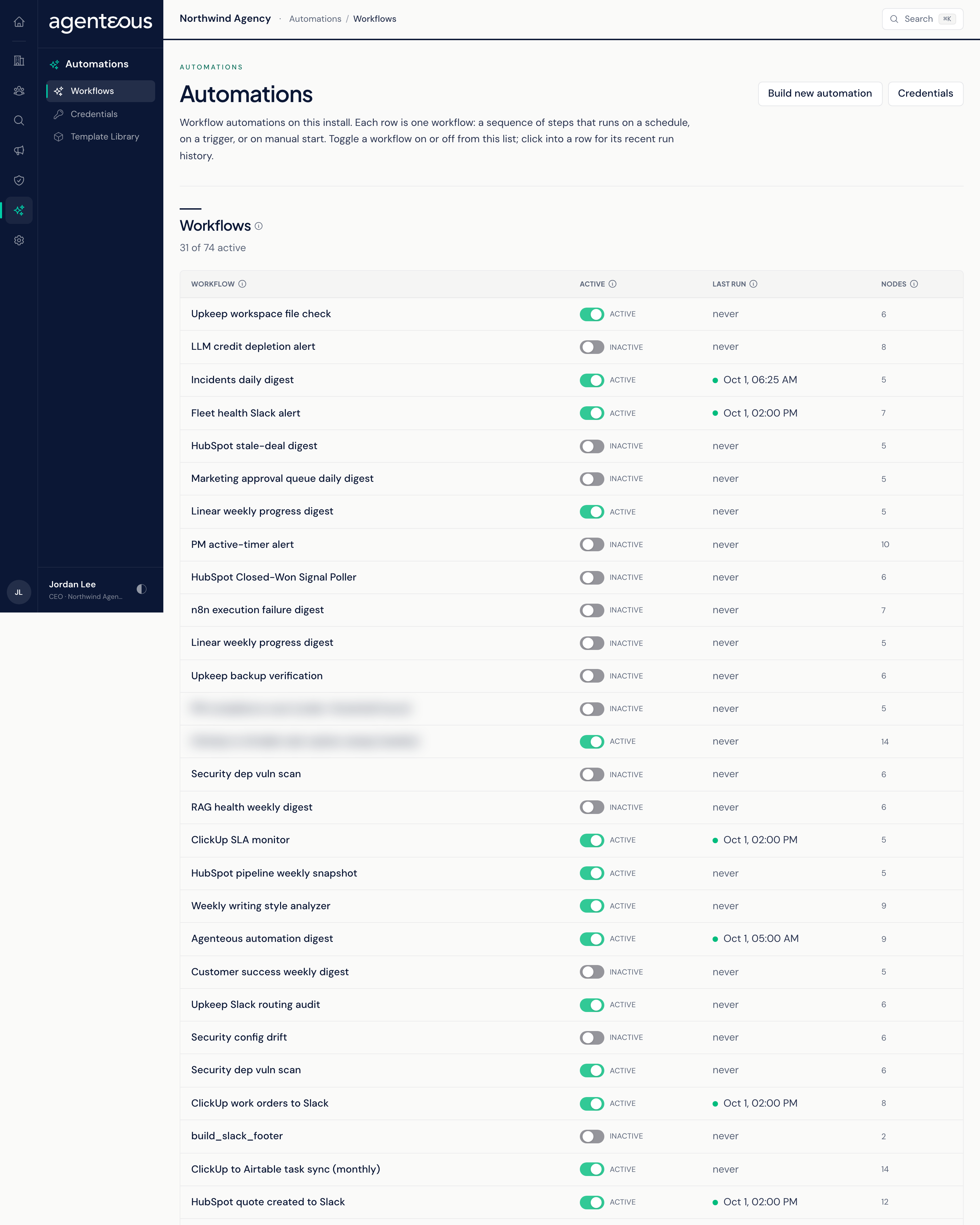 The Automations screen: a table of workflows with an on/off toggle, last run and step count for each, and buttons to build a new automation or manage credentials.
