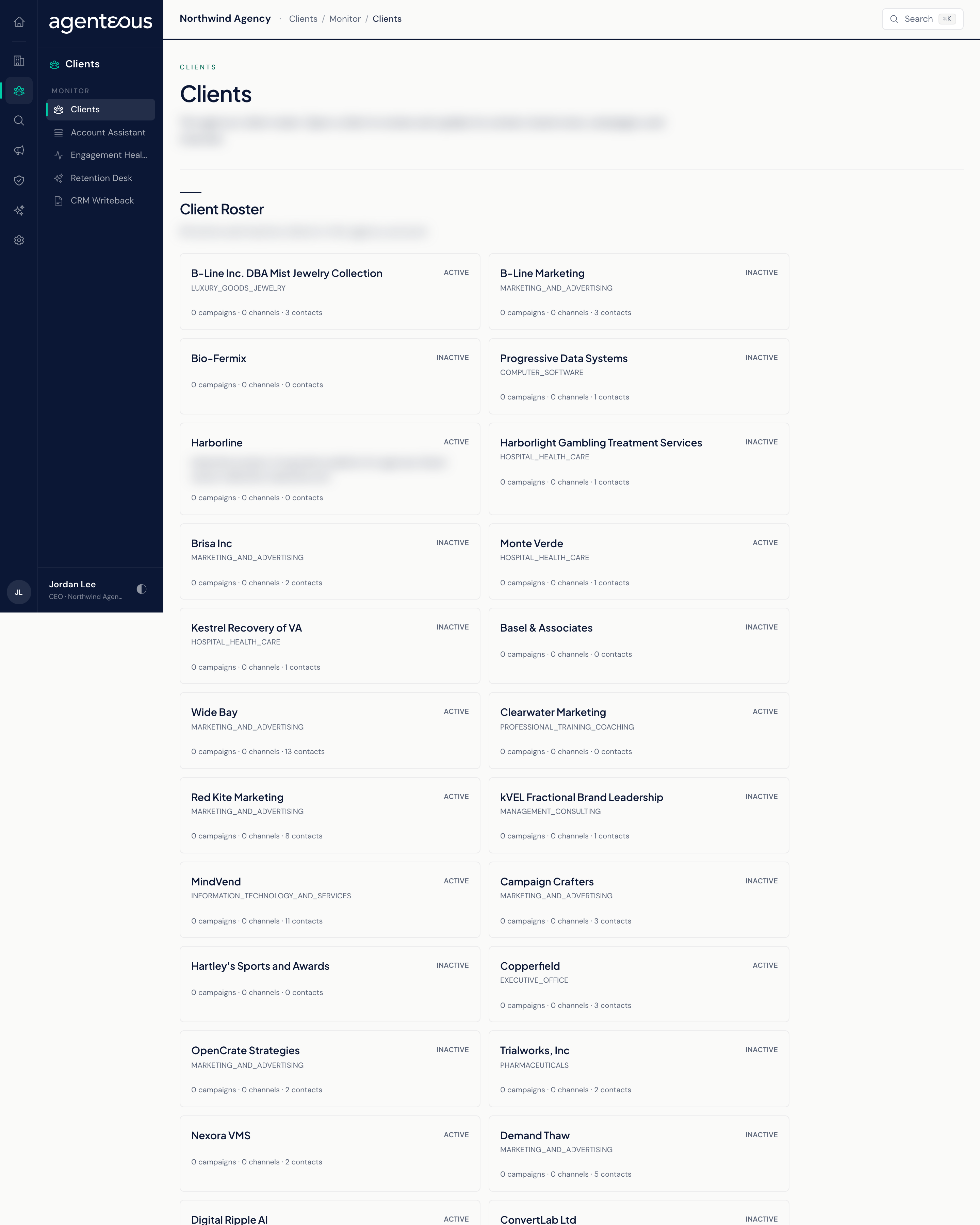 The Clients page: a Client Roster grid of cards, each showing a client's name, status, industry, a short summary and counts of campaigns, channels and contacts.