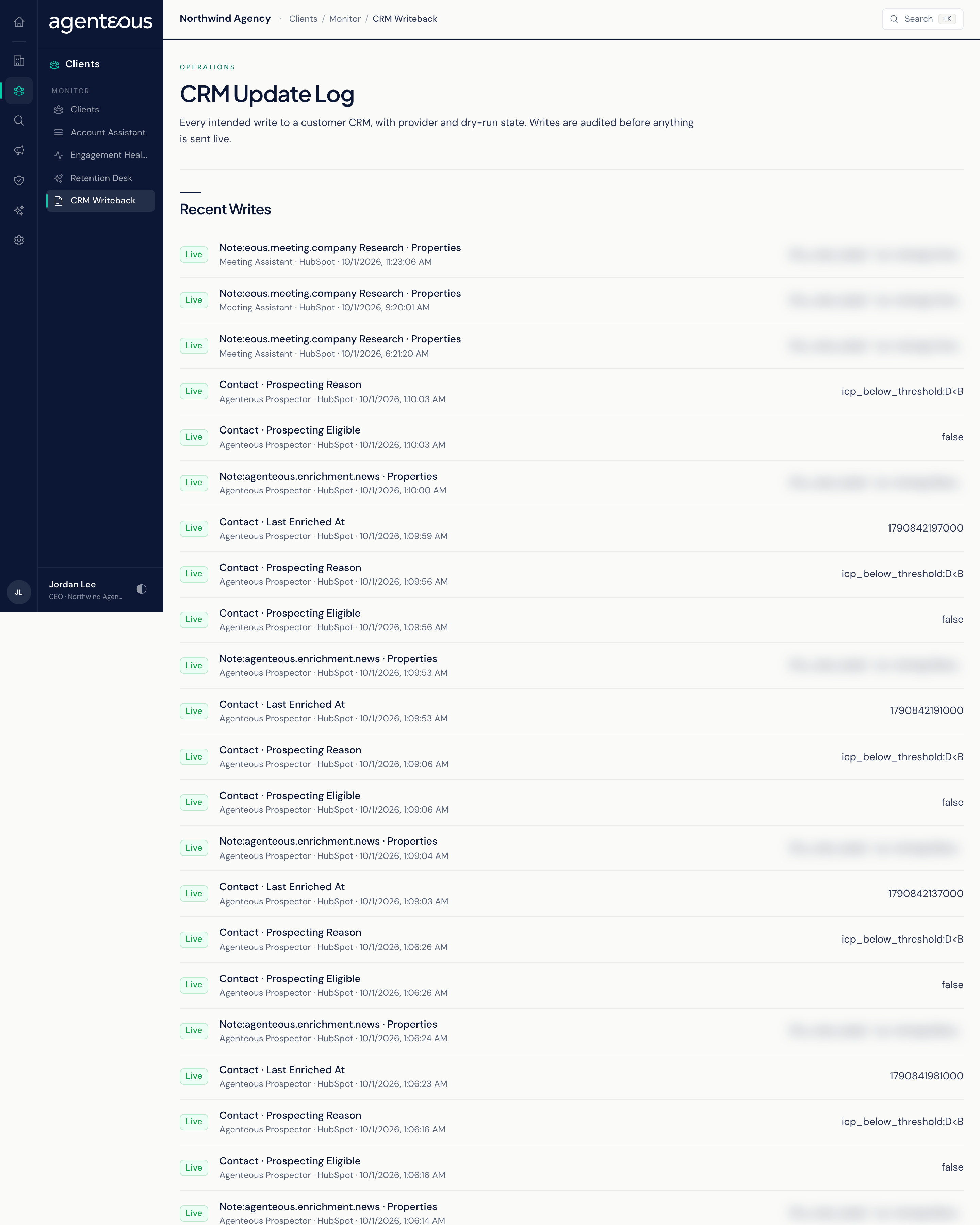 The CRM Update Log: a Recent Writes list where each row has a Dry Run or Live badge, the record type and property, the agent, provider and time, and the new value.