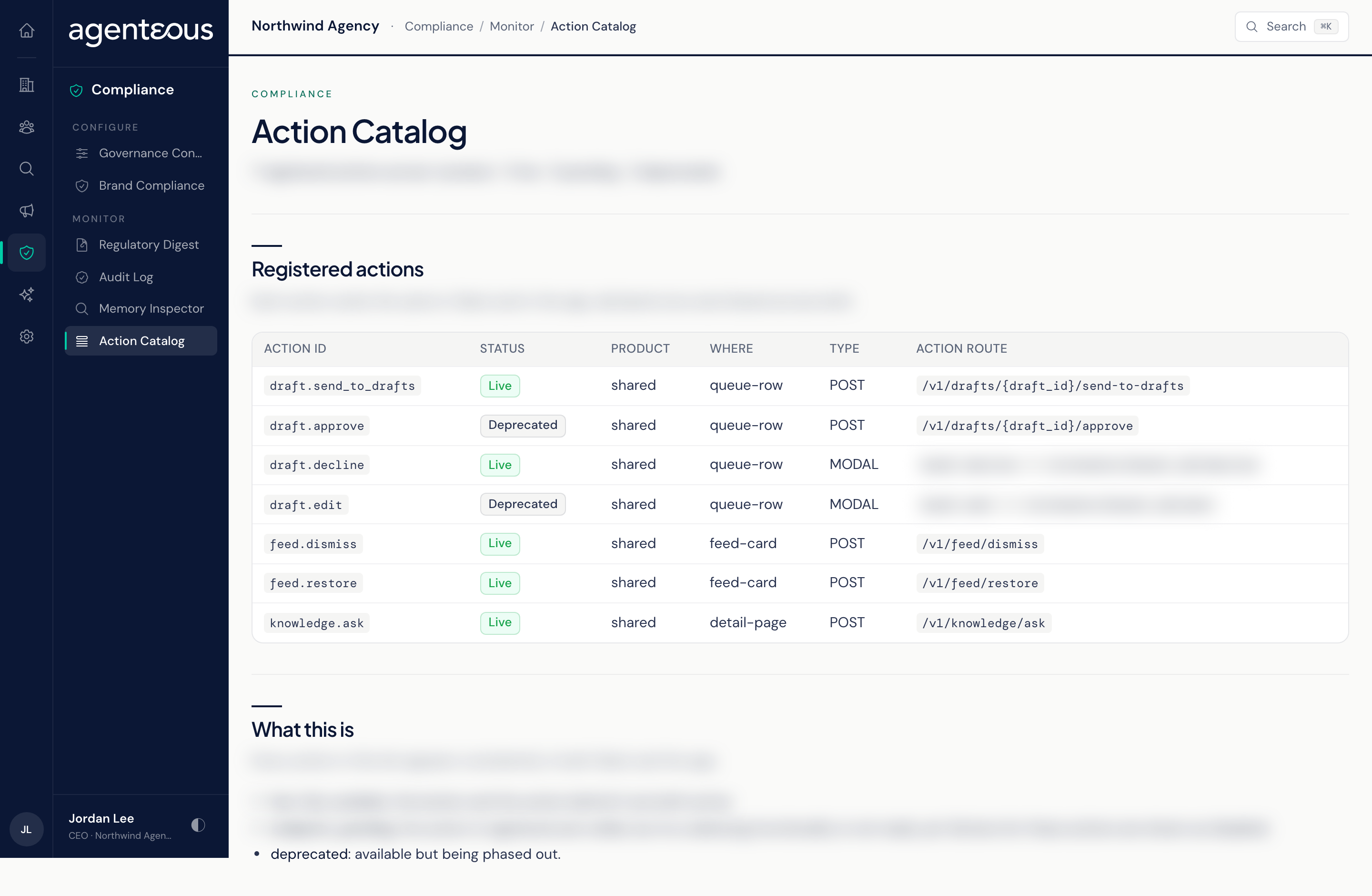 The Action Catalog screen with a summary line of registered actions by status, a Registered actions table, and a What this is legend explaining each status.