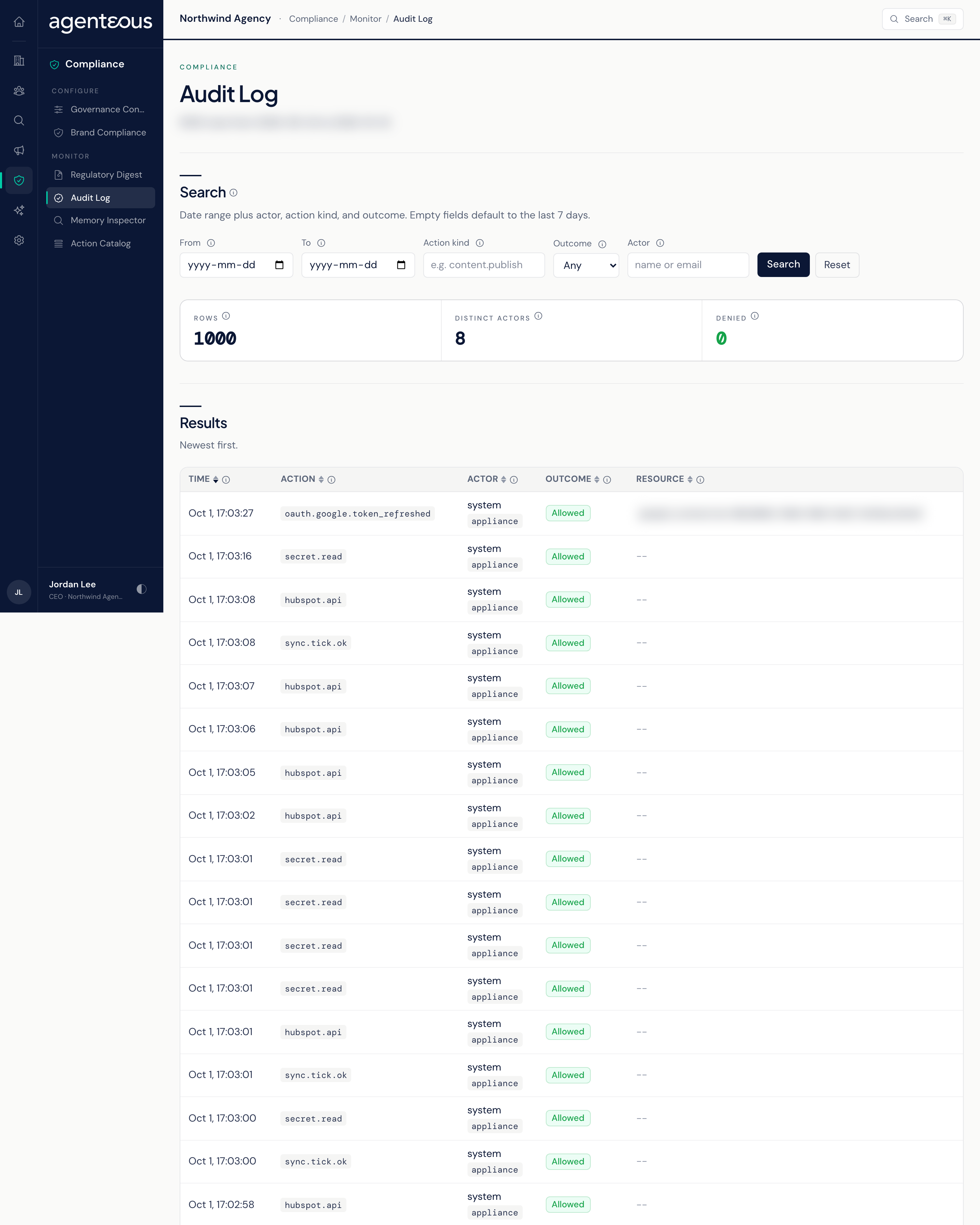 The Audit Log screen with a search form for date range, action kind, outcome, and actor, three summary tiles, and a results table of matching actions.