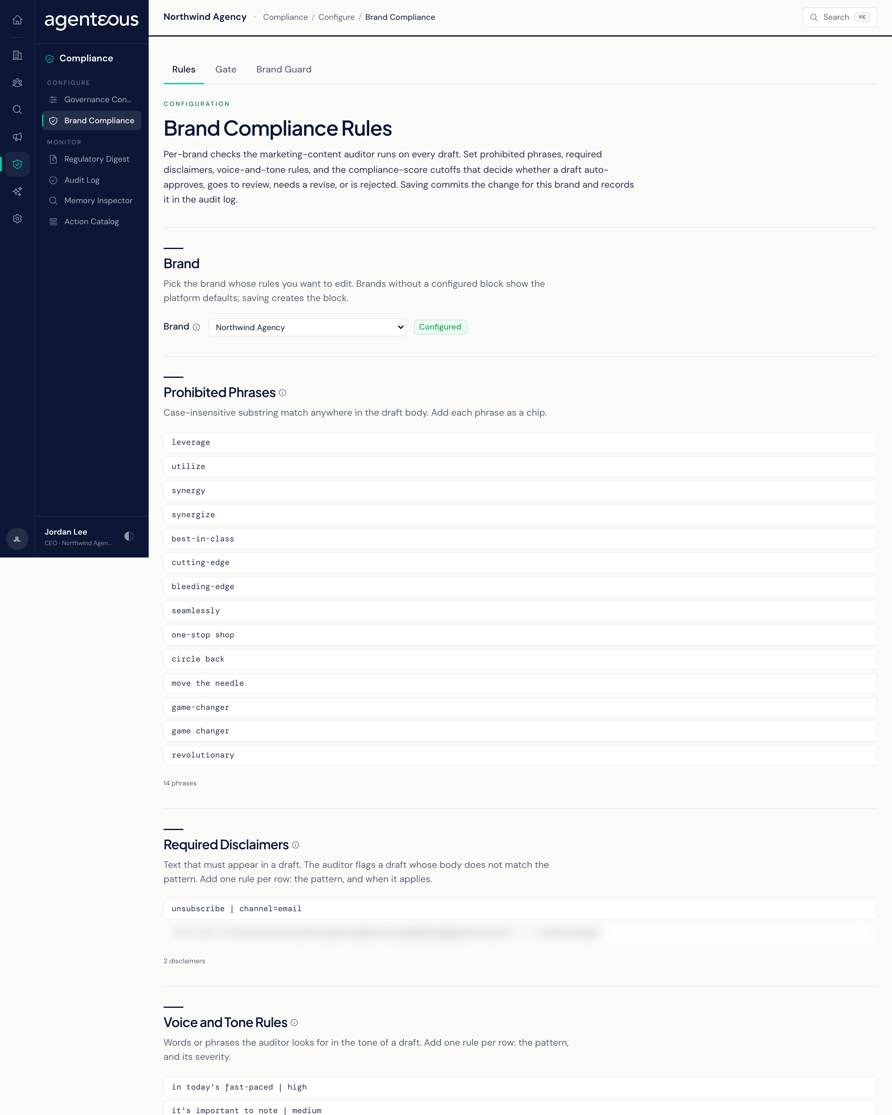 The Brand Compliance screen with Rules, Gate, and Brand Guard tabs; the Rules tab shows a brand picker and sections for prohibited phrases, required disclaimers, voice and tone rules, and score cutoffs.