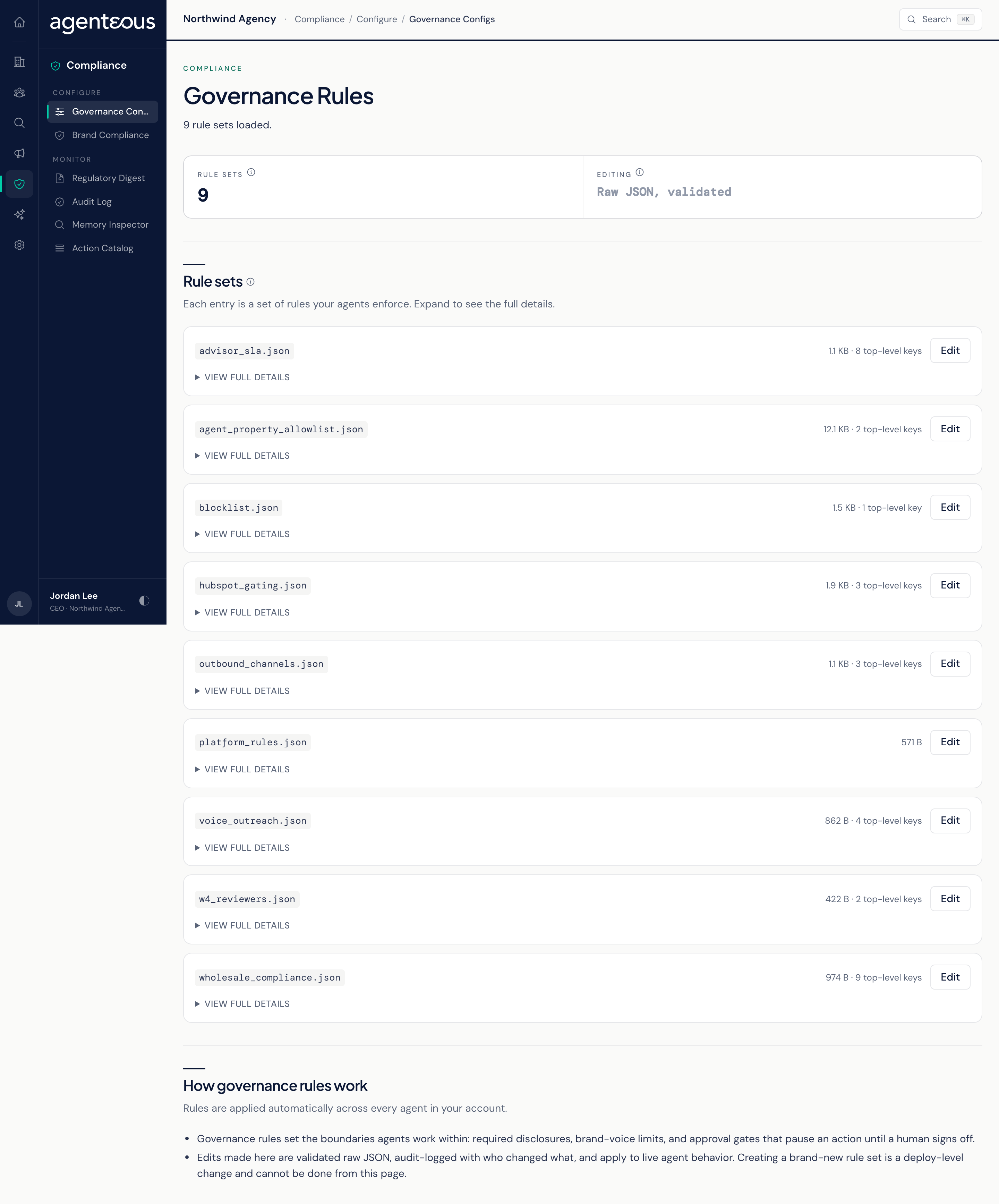 The Governance Rules screen with a count of loaded rule sets, a list of expandable rule set cards each with an Edit button, and a short explainer of how governance rules work.