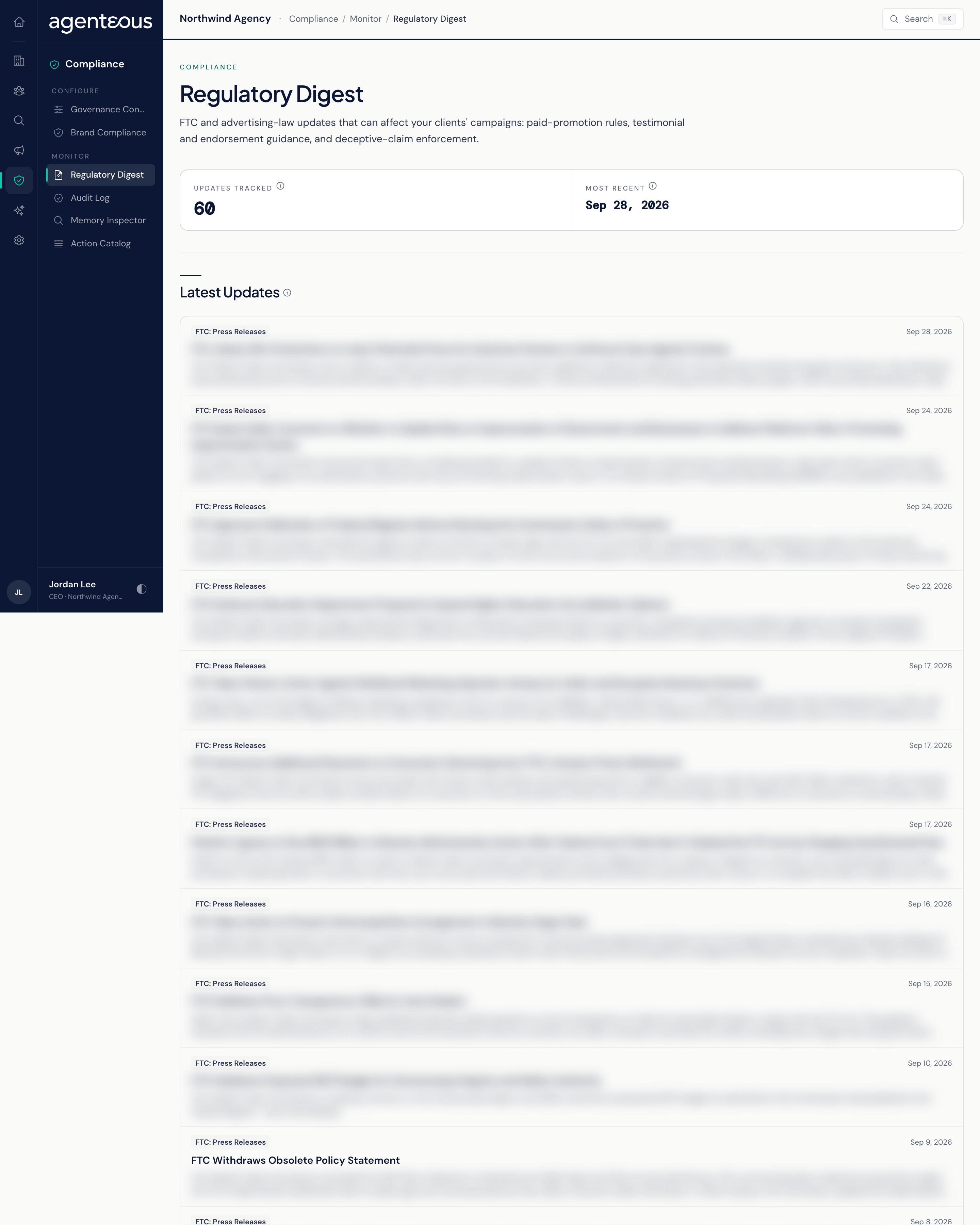 The Regulatory Digest screen with Updates Tracked and Most Recent tiles above a Latest Updates list; each item shows a source label, a category, a date, a headline link, and a short summary.