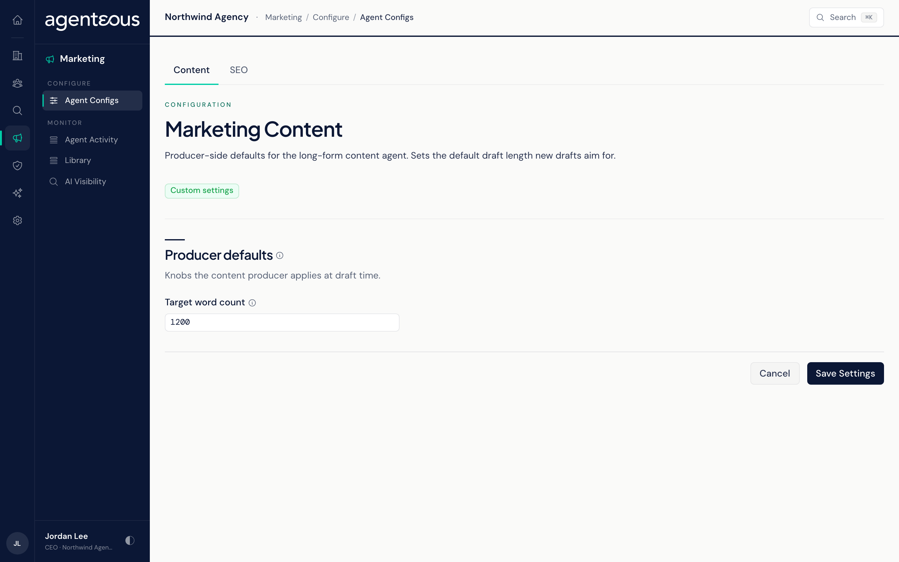 The Marketing Agent Configs screen with a row of agent tabs across the top, a settings form for the selected agent, a badge showing whether custom settings or defaults are in use, and a Save Settings button.