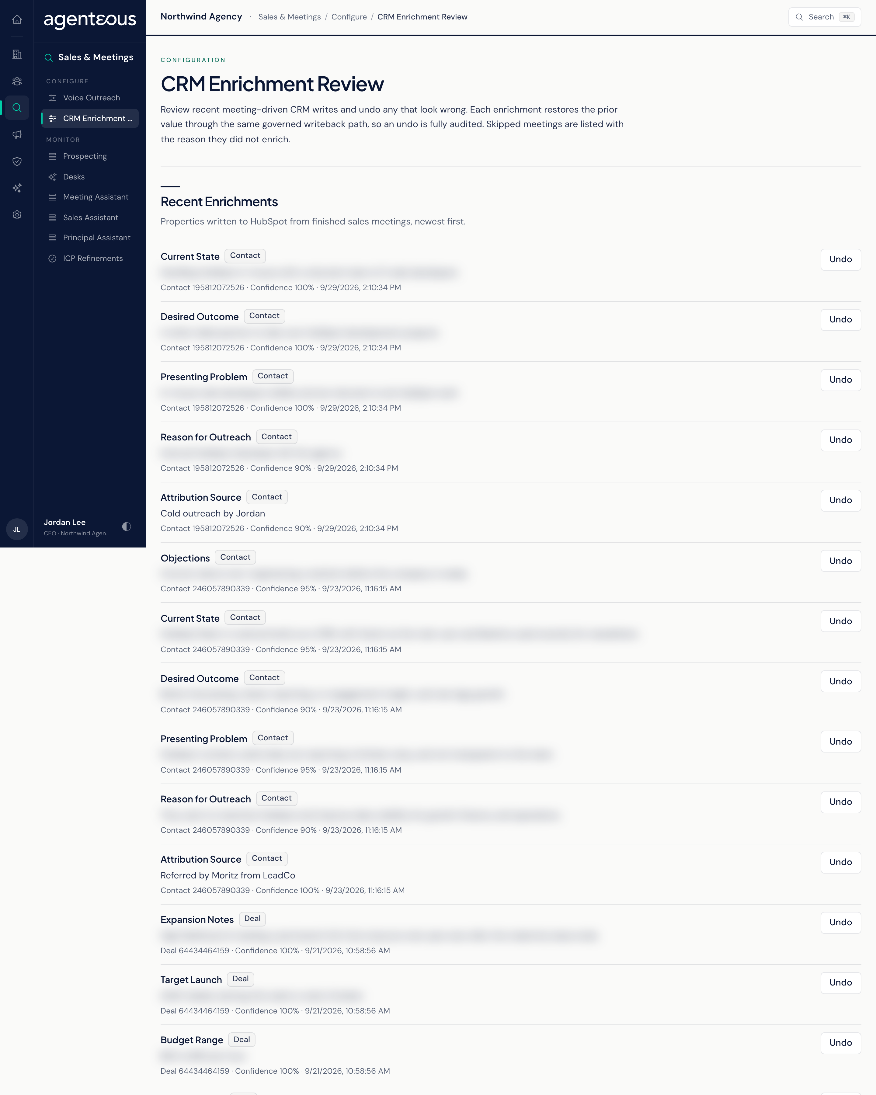 The CRM Enrichment Review screen: a list of recent HubSpot property writes, each with its new value and an Undo button, above a list of skipped meetings with their reasons.