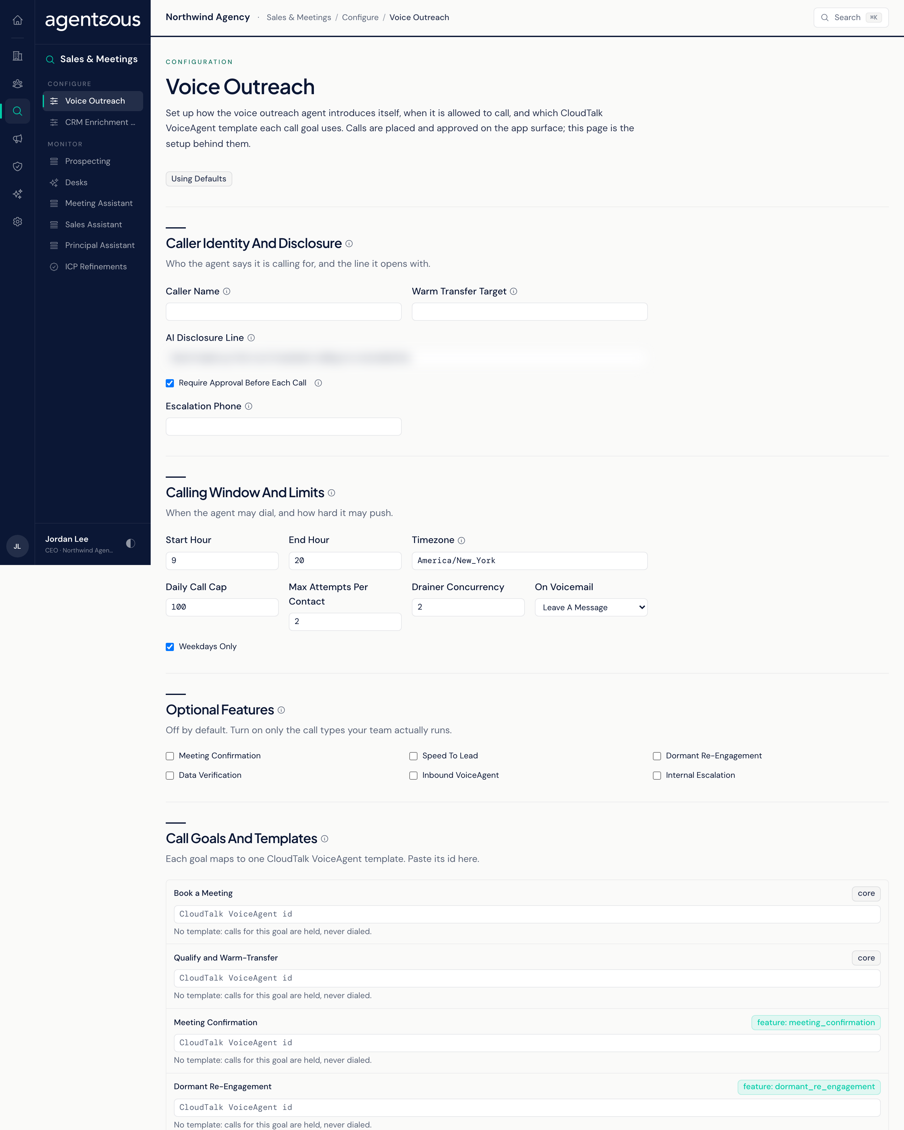 The Voice Outreach setup page: caller identity and disclosure, calling window and limits, optional call types and the call goals with their VoiceAgent templates.
