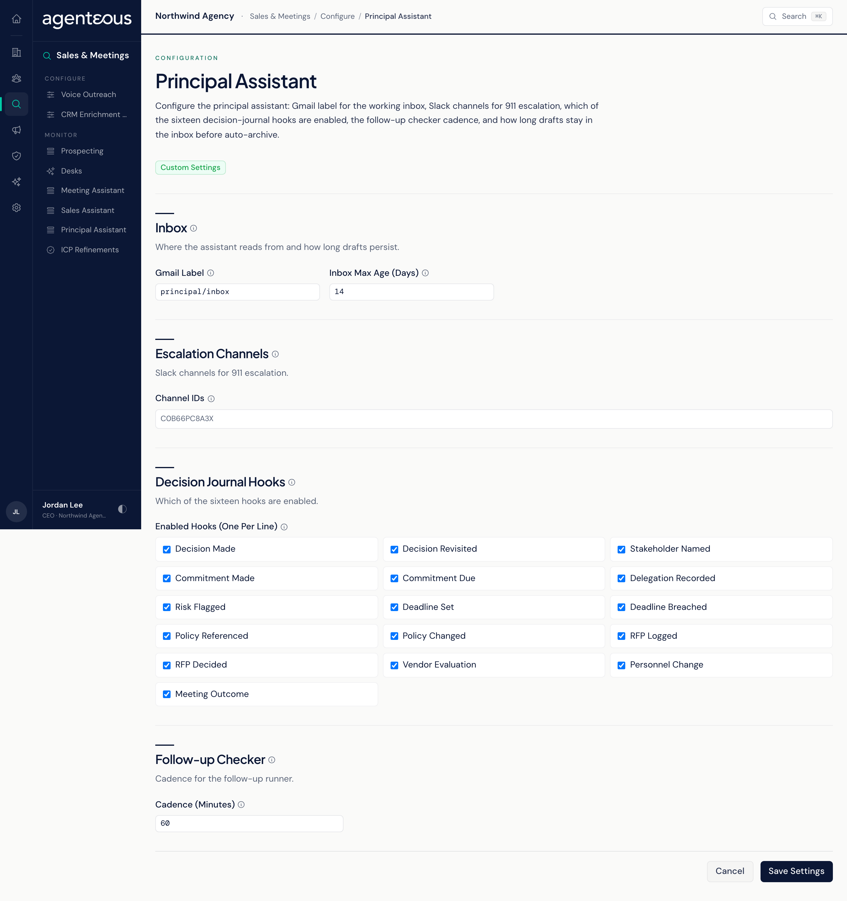 The Principal Assistant monitor: links into the app, a row of activity totals, and tables of recent inbox drafts, meeting intel, decisions, follow-ups and component health.