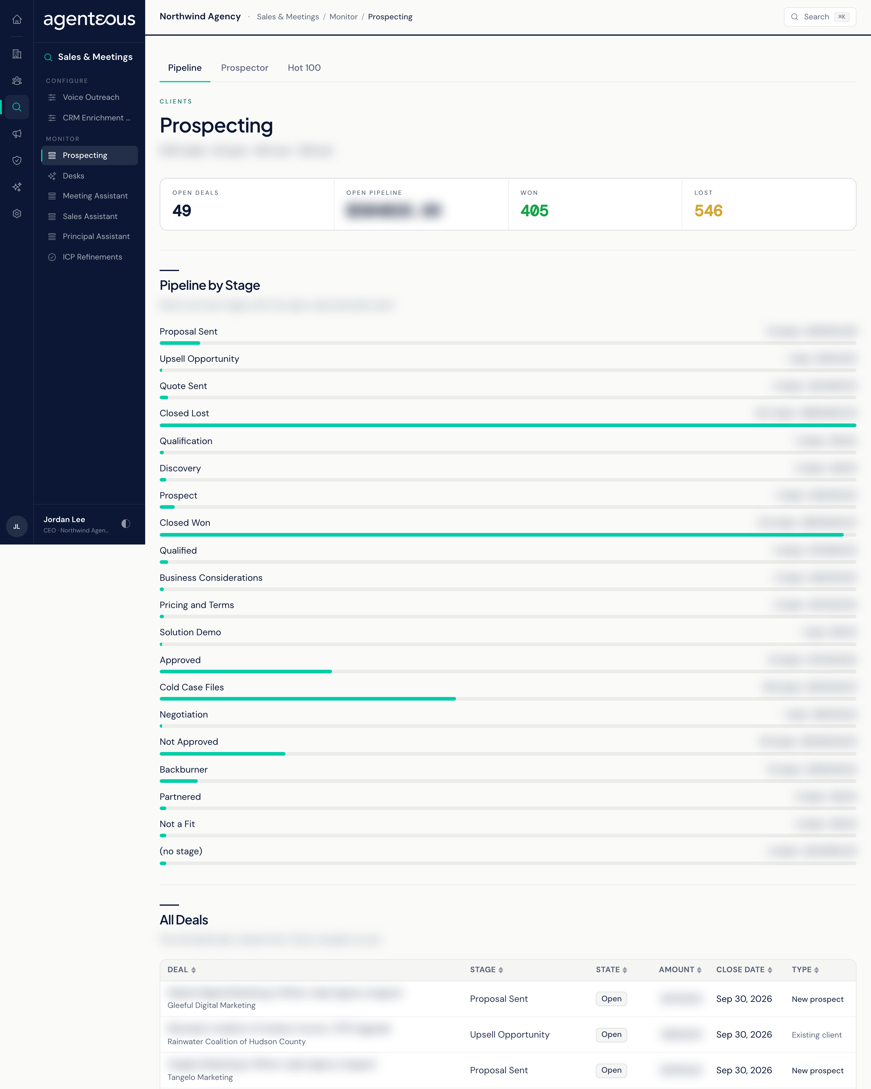 The Prospecting screen in the Operator Console, with the Pipeline, Prospector and Hot 100 tabs across the top and the Pipeline view of open, won and lost deals below.