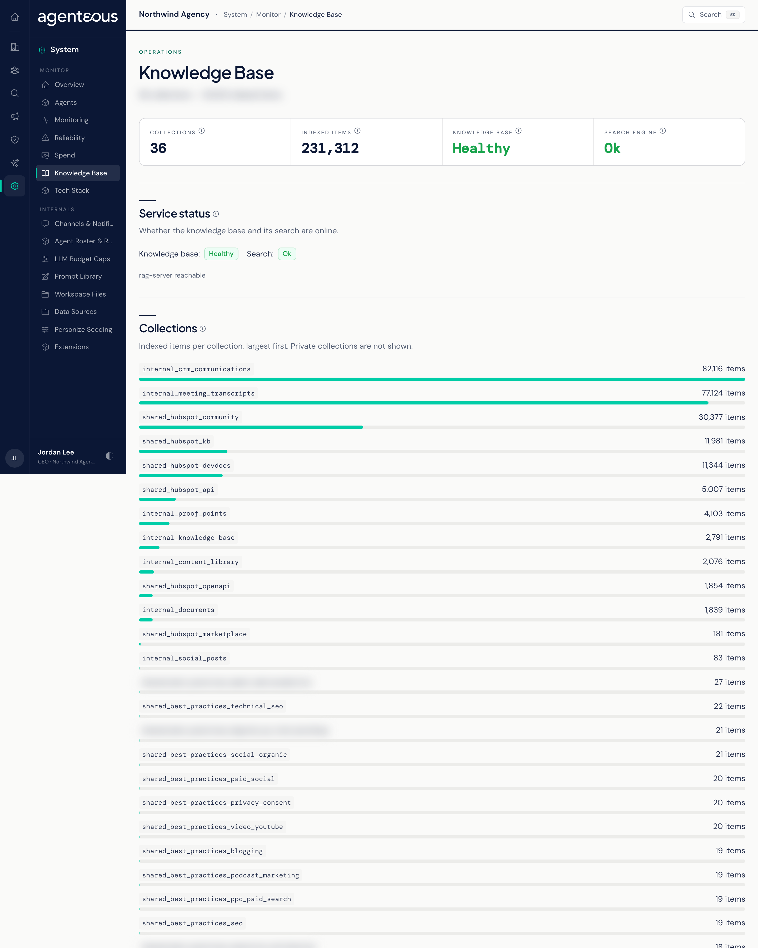 The Knowledge Base screen with tiles for collections, indexed items, knowledge base status, and search status, a service status section, and a bar chart of items per collection.