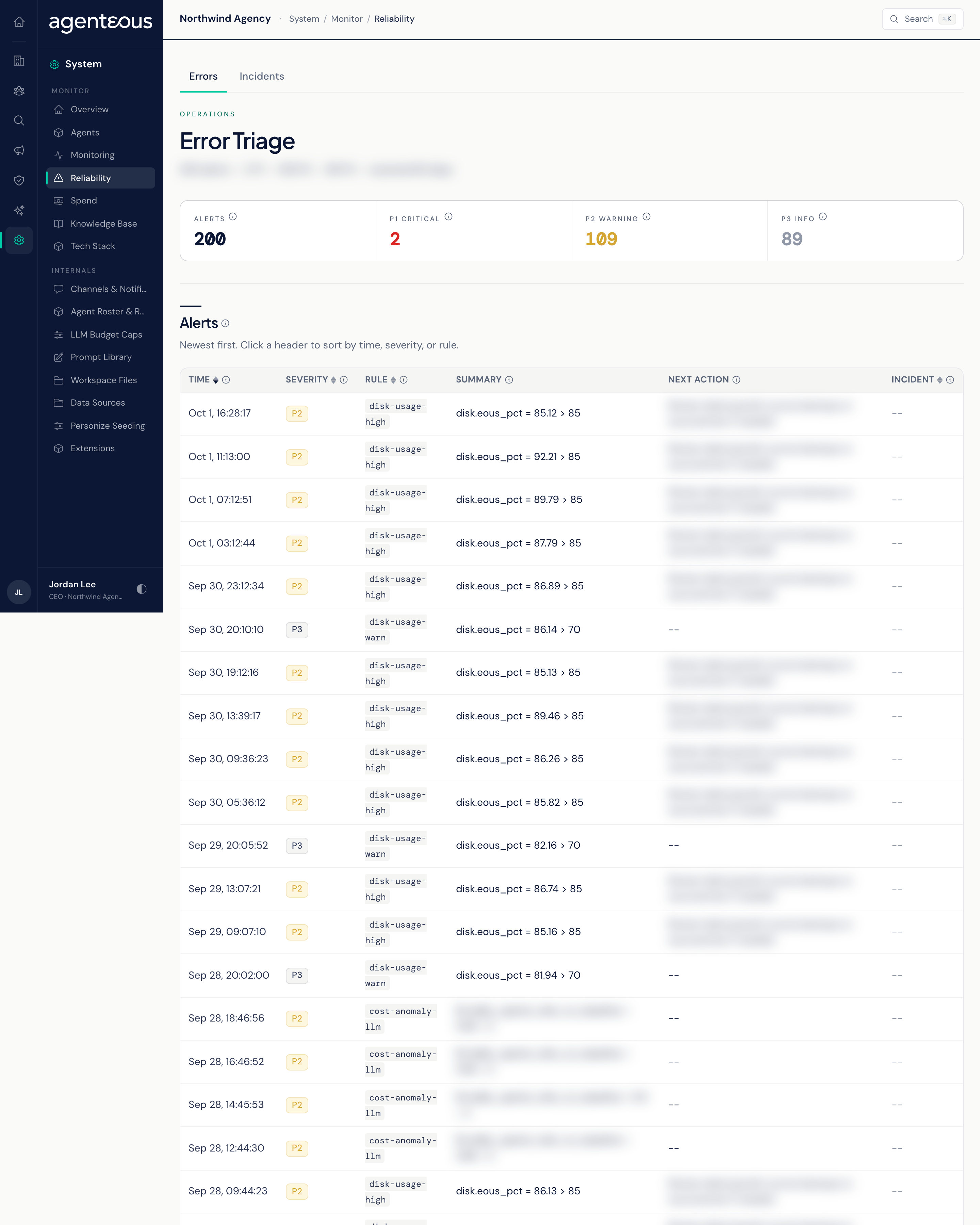 The Reliability screen on its Errors tab: Errors and Incidents tabs, alert count tiles by severity, an alerts table, an error trend chart, and a recurring errors table.