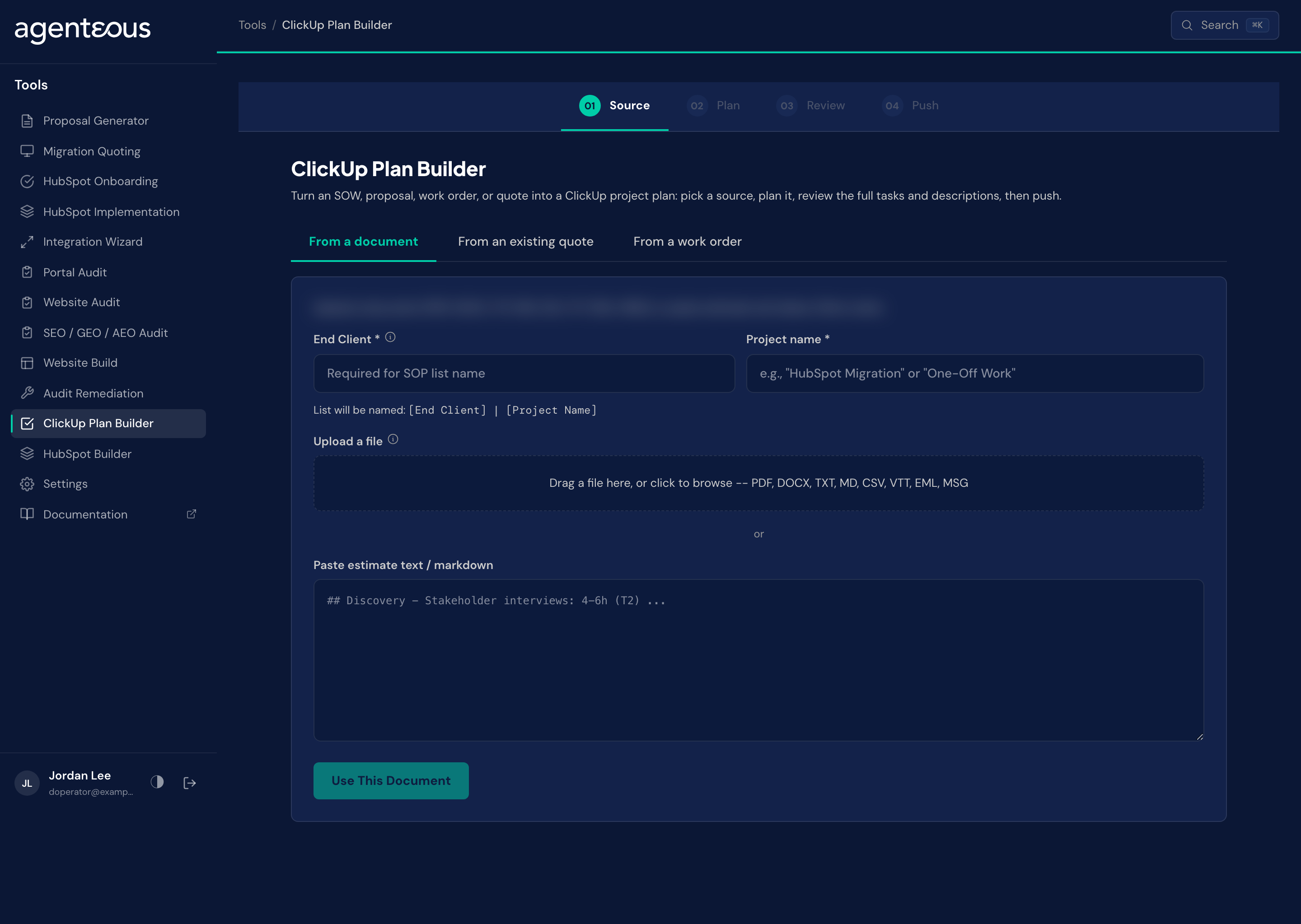 The ClickUp Plan Builder source step with tabs for a document, an existing quote or a work order.