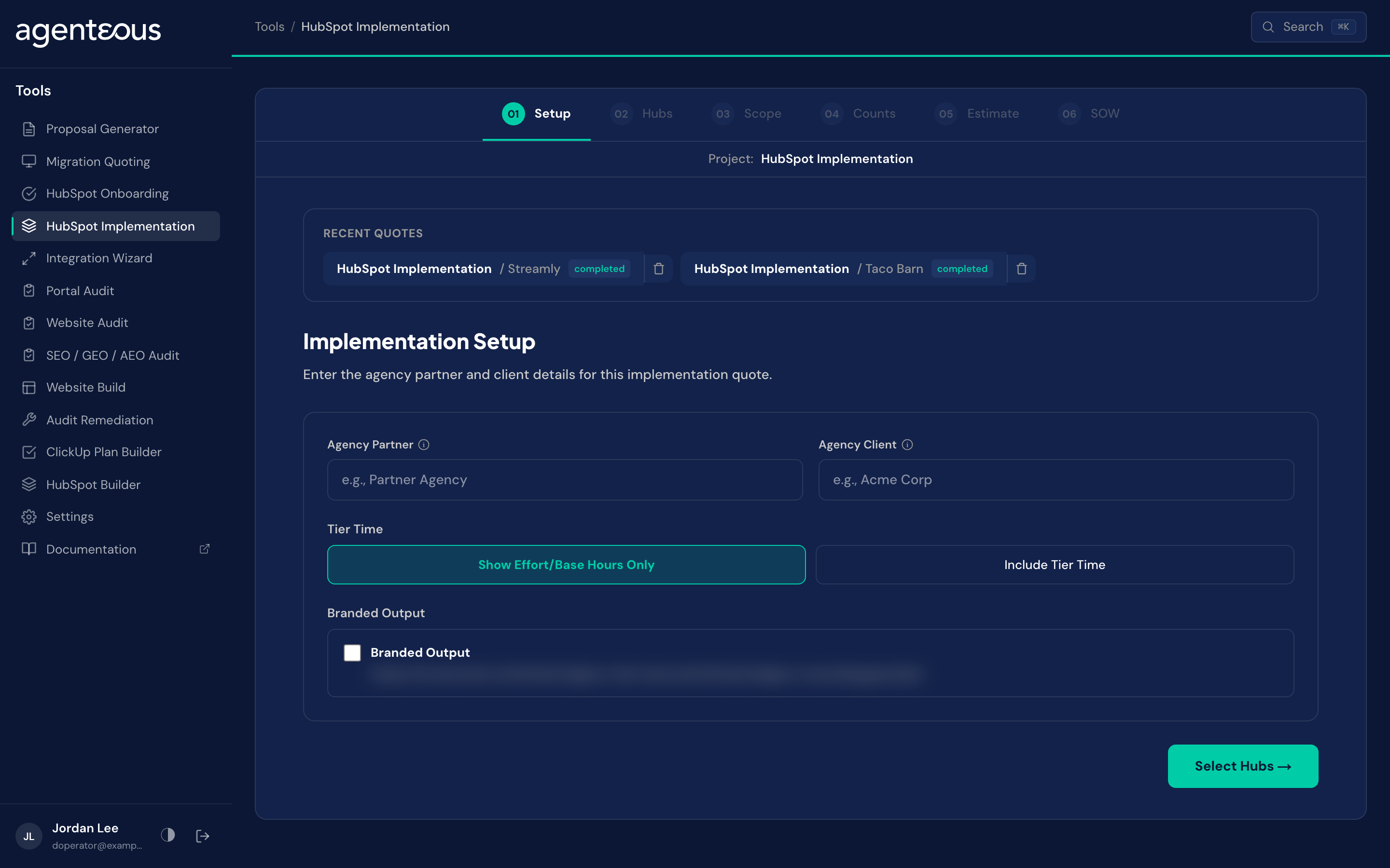 The HubSpot Implementation wizard showing a scope checklist grouped by hub and category.