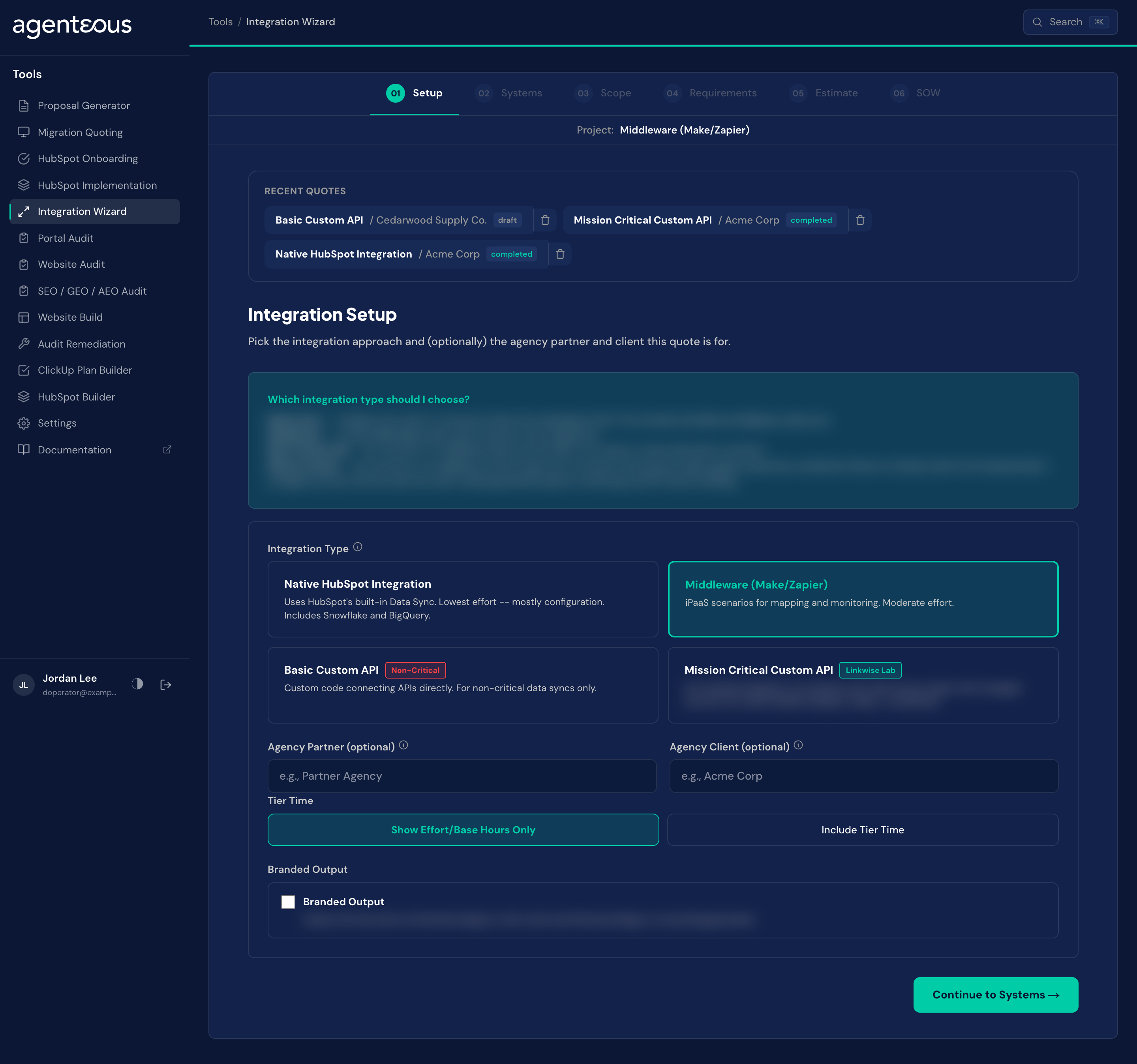 The Integration Wizard setup screen with the four integration approaches to choose from.