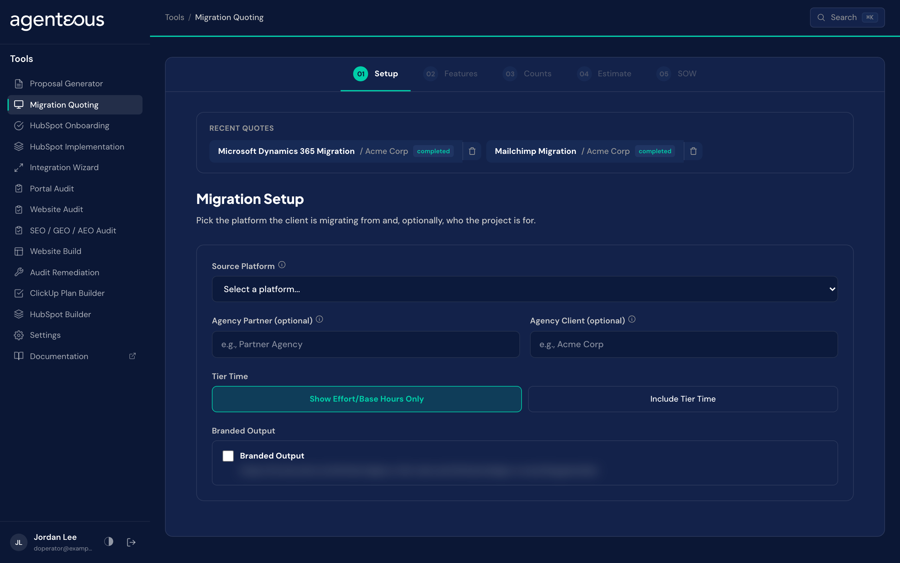 The Migration Quoting wizard setup screen with a source platform picker and the five steps across the top.