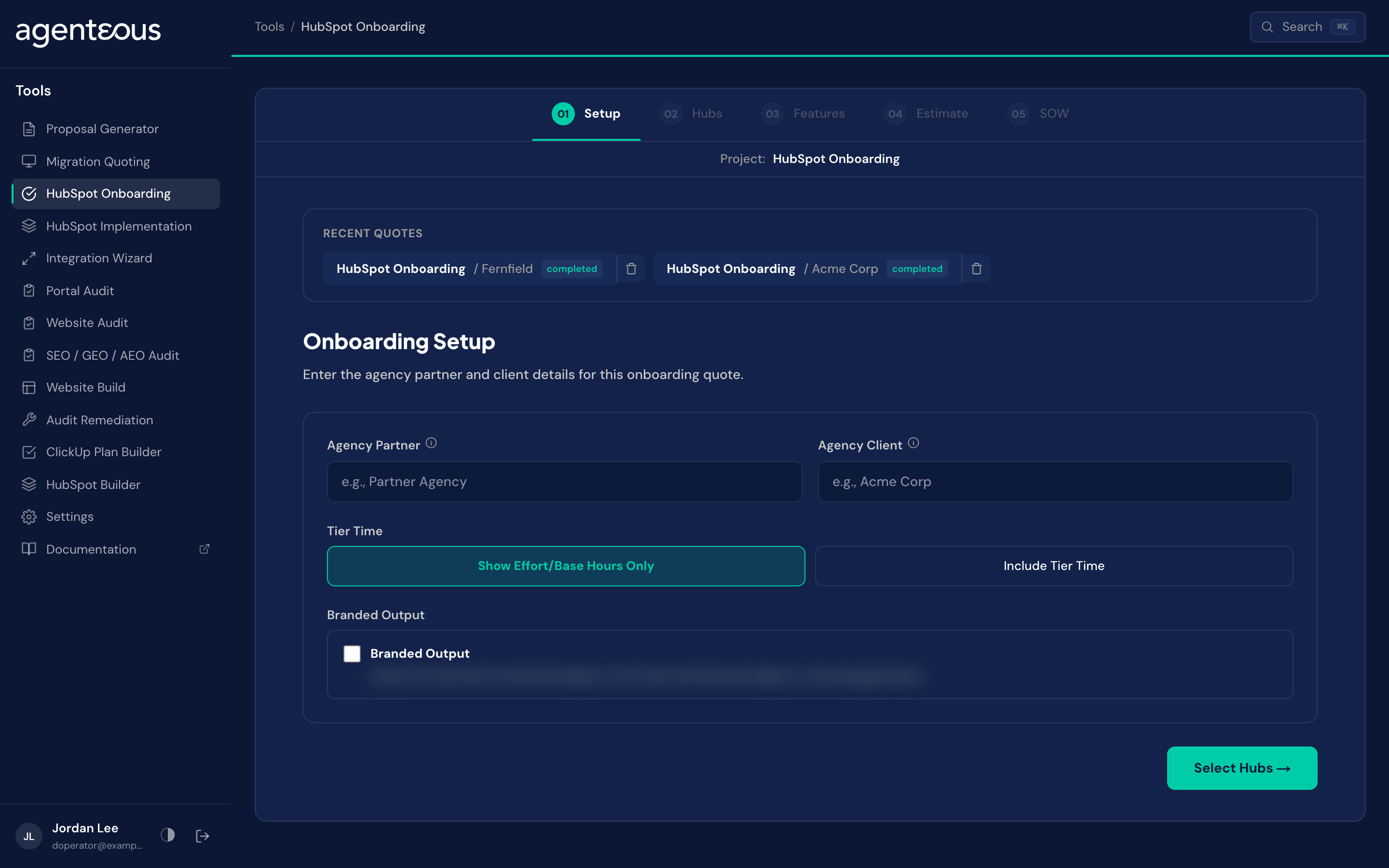 The HubSpot Onboarding wizard showing hubs and a tier choice for each hub.