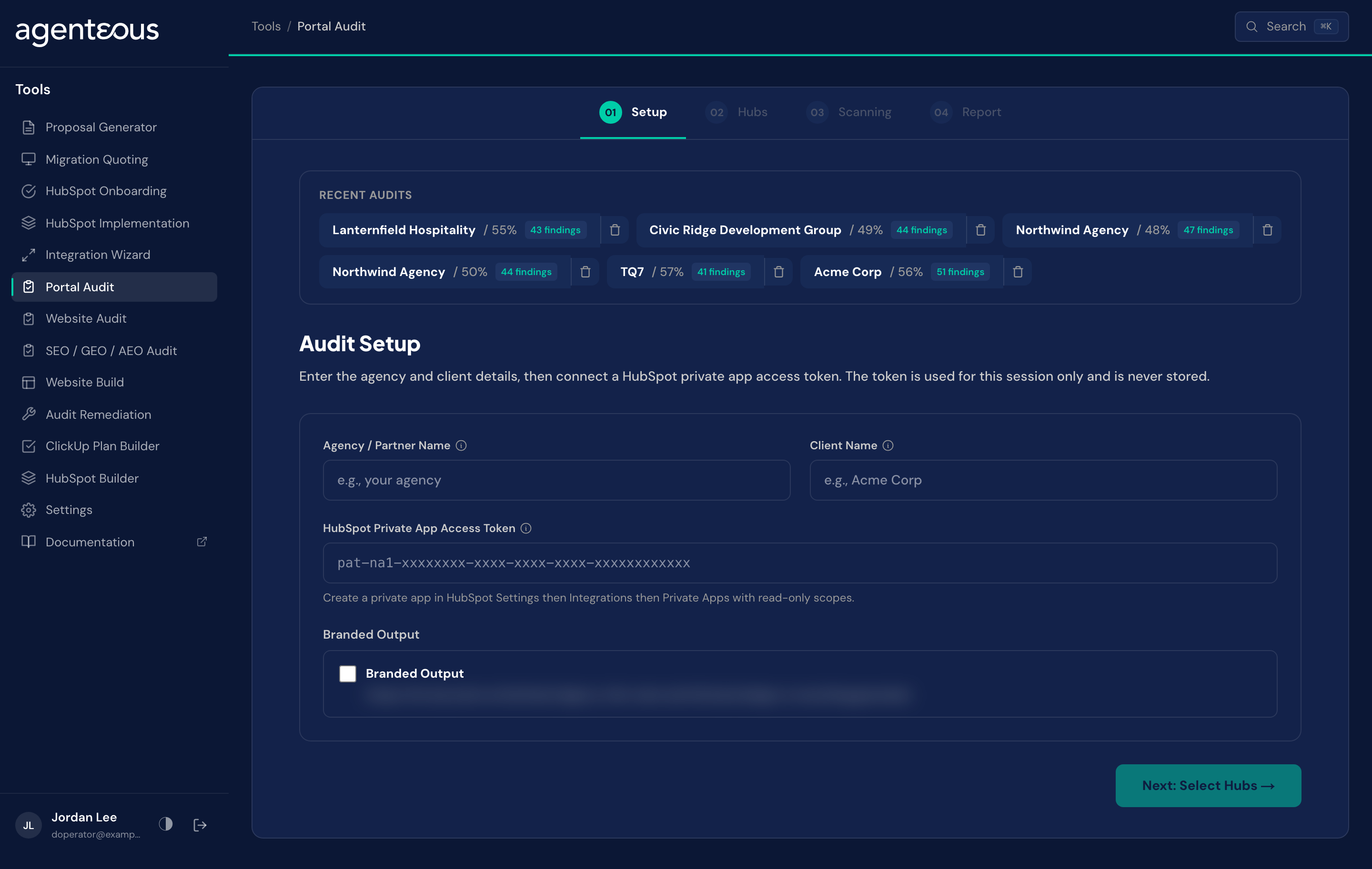 The Portal Audit report with a health score, area breakdown and tabs for findings and the roadmap.